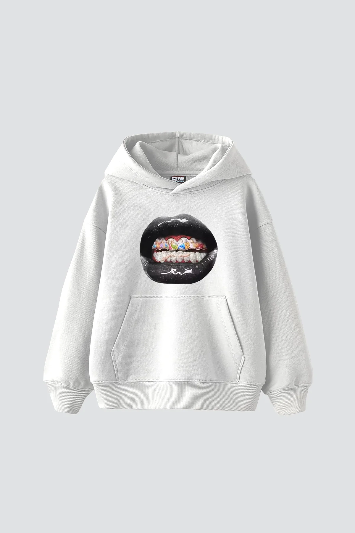 The Last Supper Teeth Baskılı Oversize Unisex Beyaz Hoodie