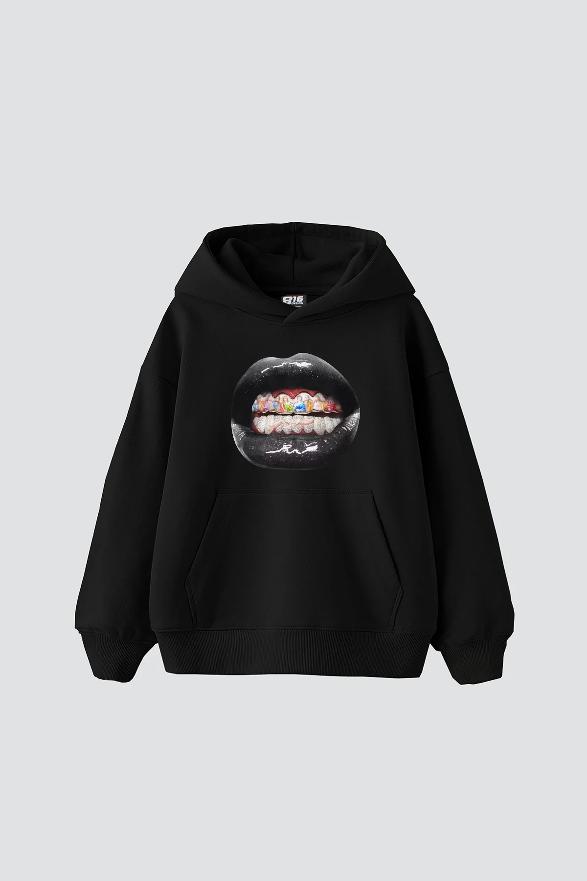 The Last Supper Teeth Baskılı Oversize Unisex Siyah Hoodie