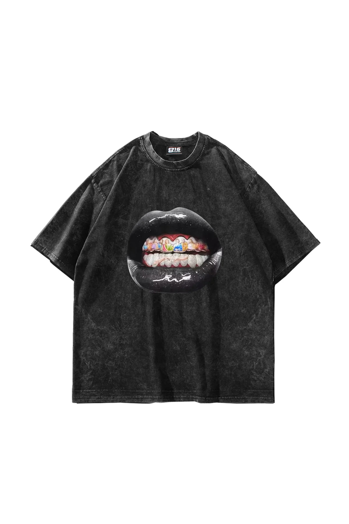 The Last Supper Teeth Baskılı Oversize Unisex Yıkamalı Siyah Tshirt