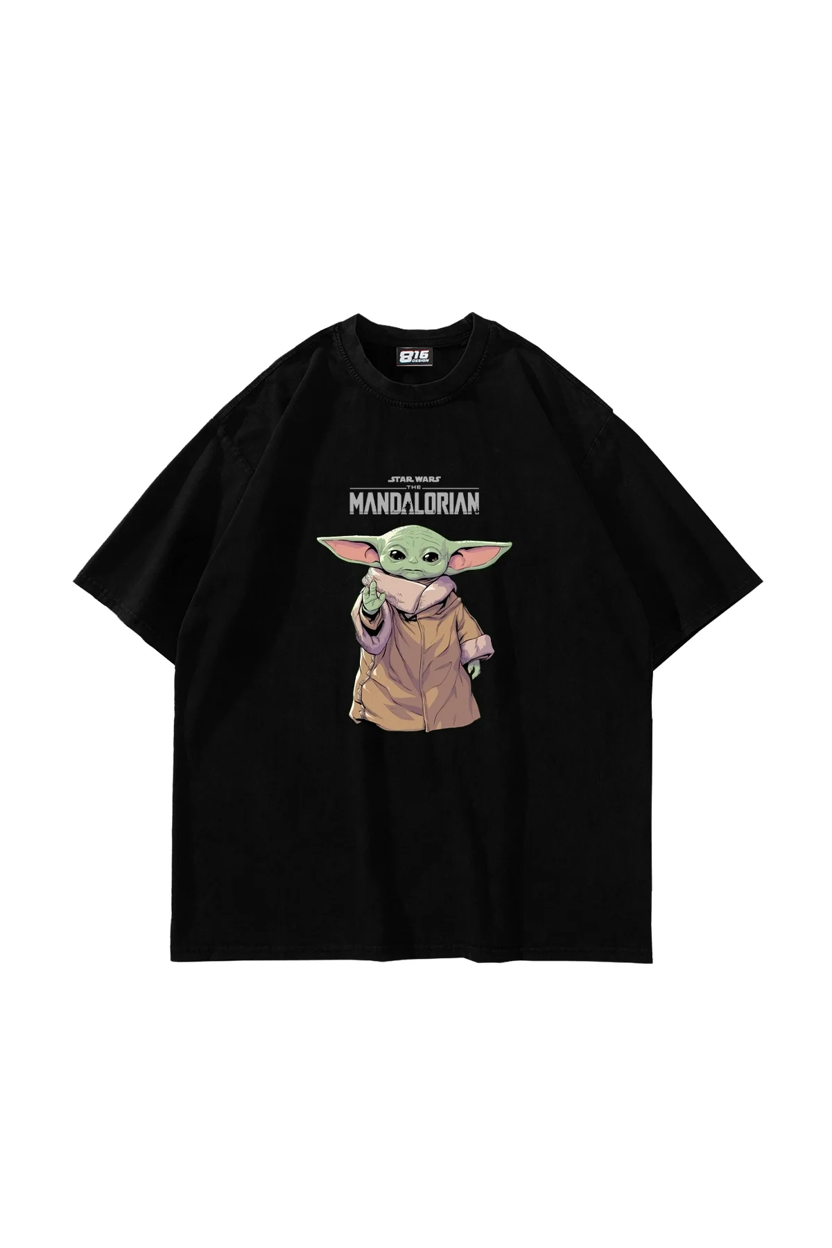 The Mandalorian Yoda Baskılı 24/1 Oversize Unisex Siyah Tshirt