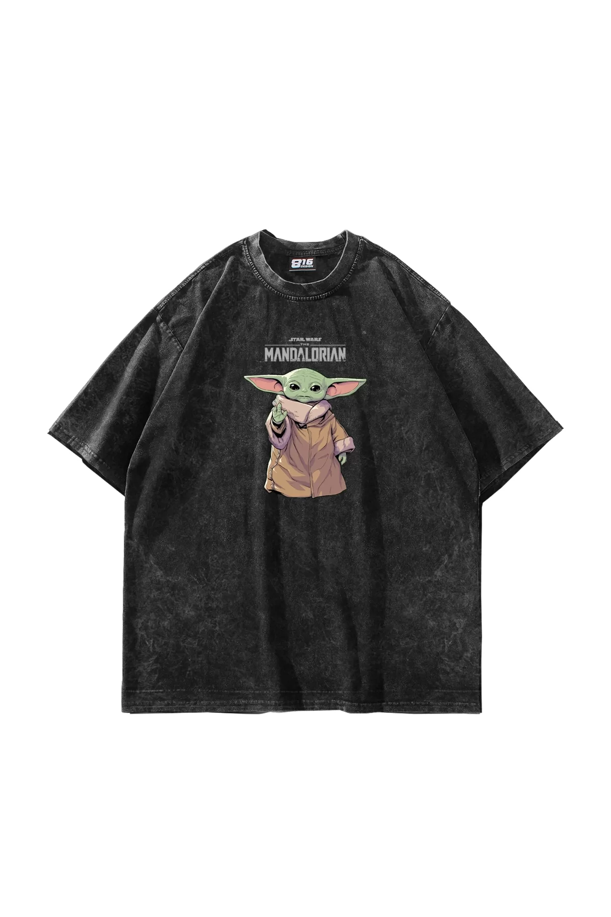 The Mandalorian Yoda Baskılı 24/1 Oversize Unisex Yıkamalı Siyah Tshirt