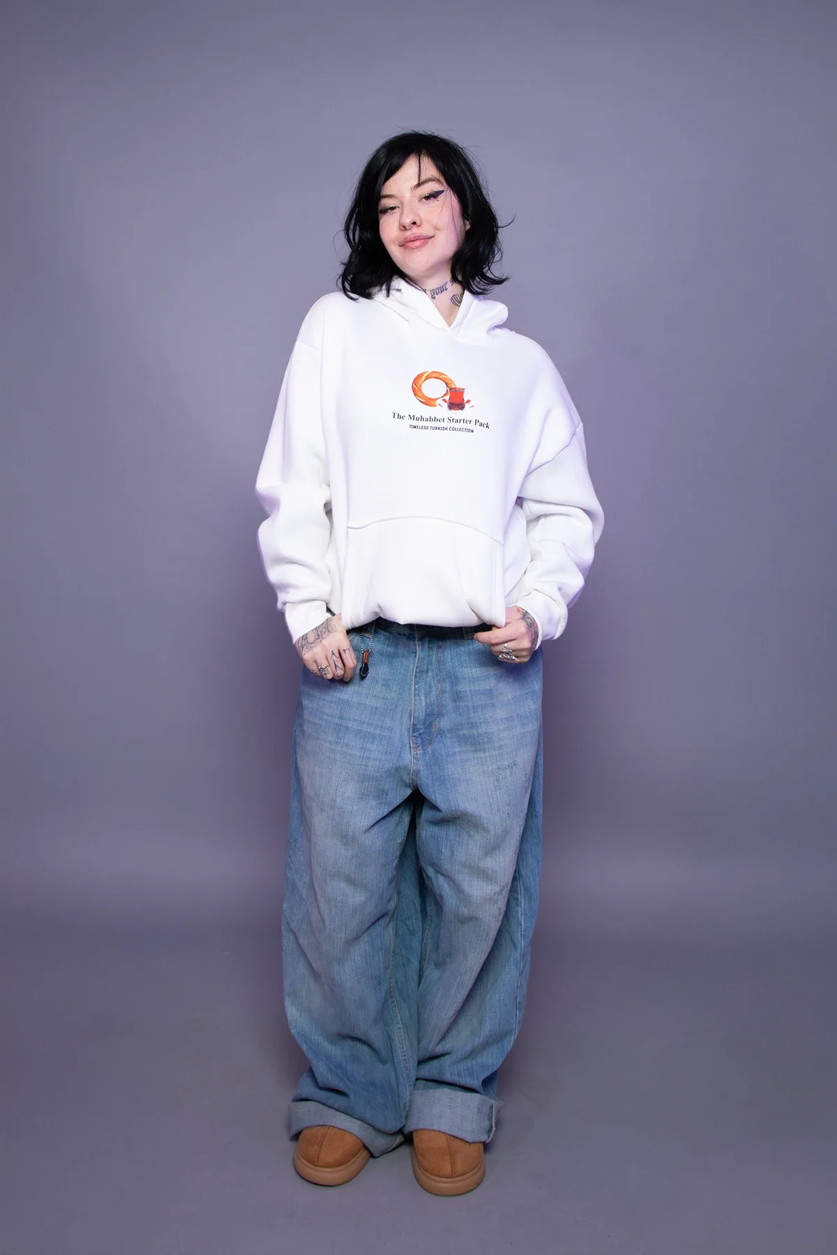 The Muhabbet Baskılı Oversize Unisex Beyaz Hoodie