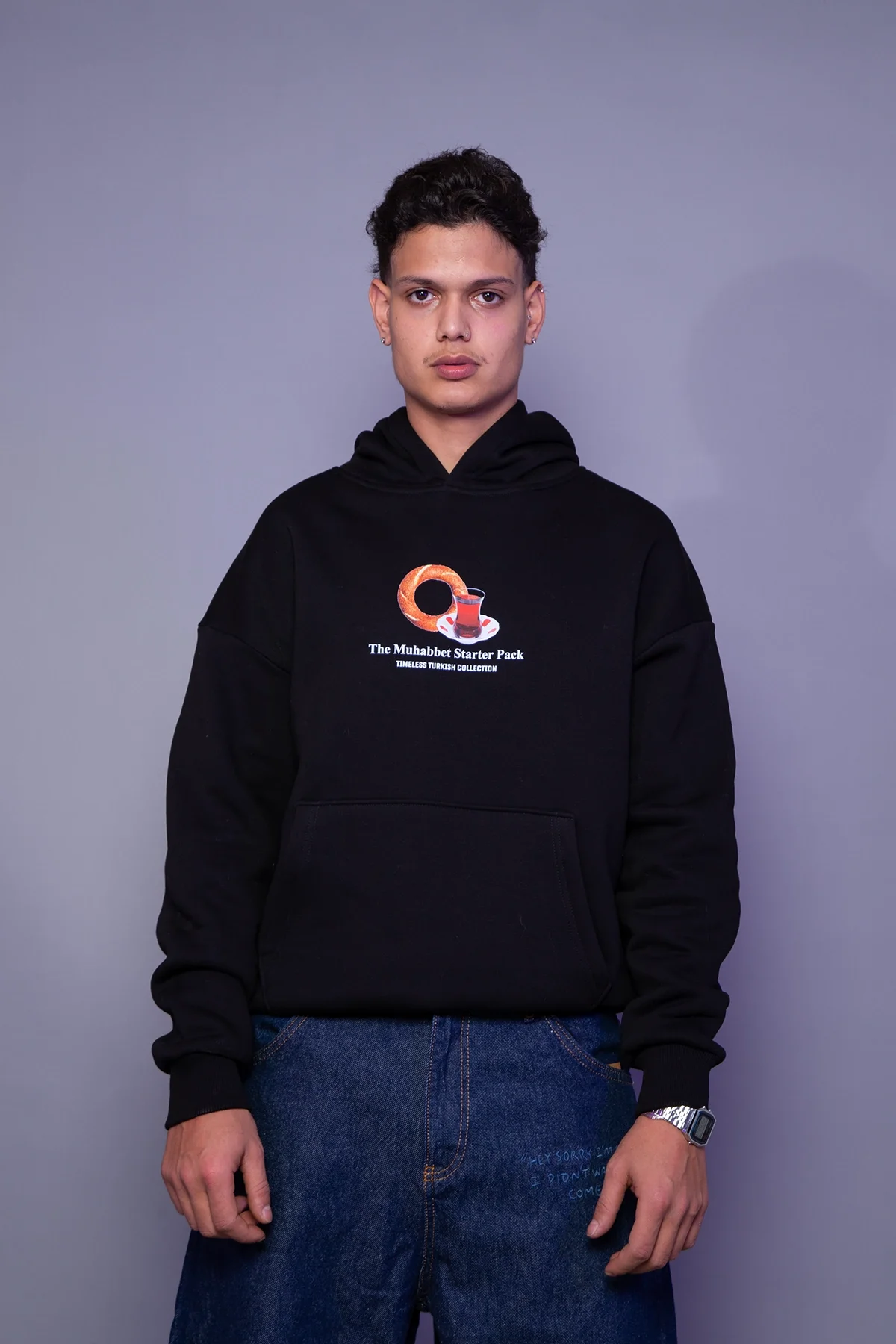 The Muhabbet Baskılı Oversize Unisex Siyah Hoodie