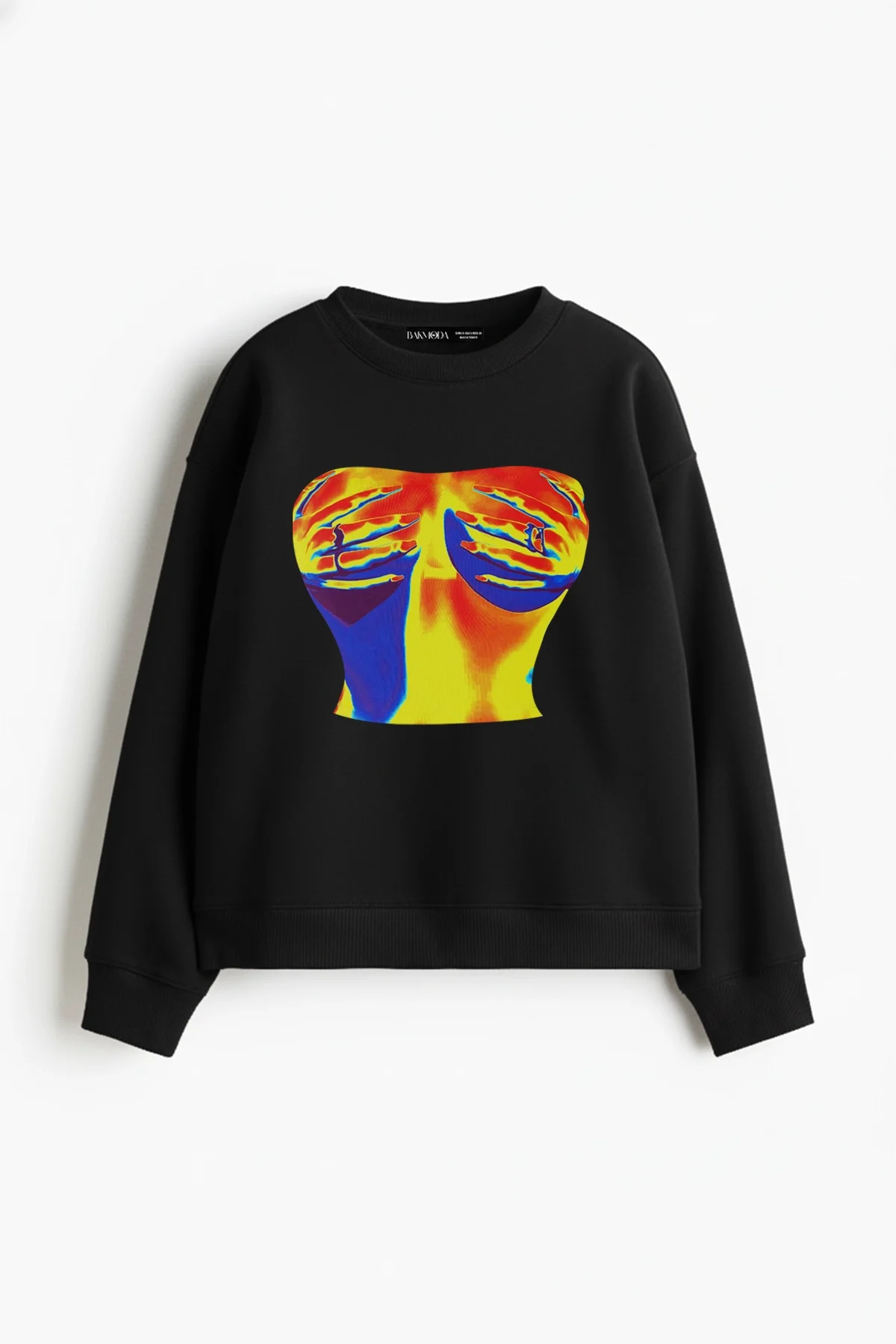 Thermal Boobs Baskılı Kapüşonsuz Relaxed Fit Kadın Siyah Sweatshirt