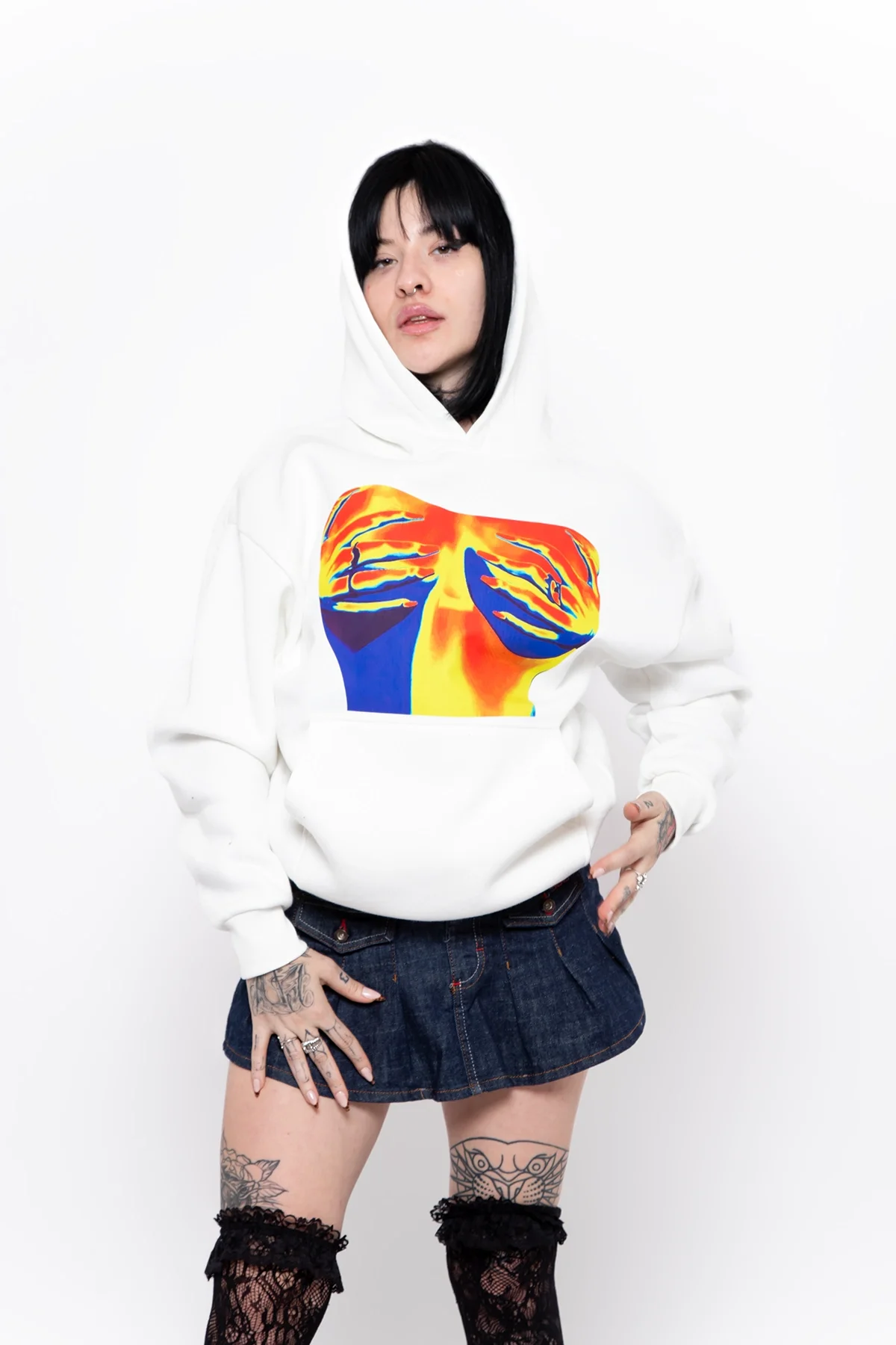 Thermal Boobs Baskılı Oversize Unisex Beyaz Hoodie
