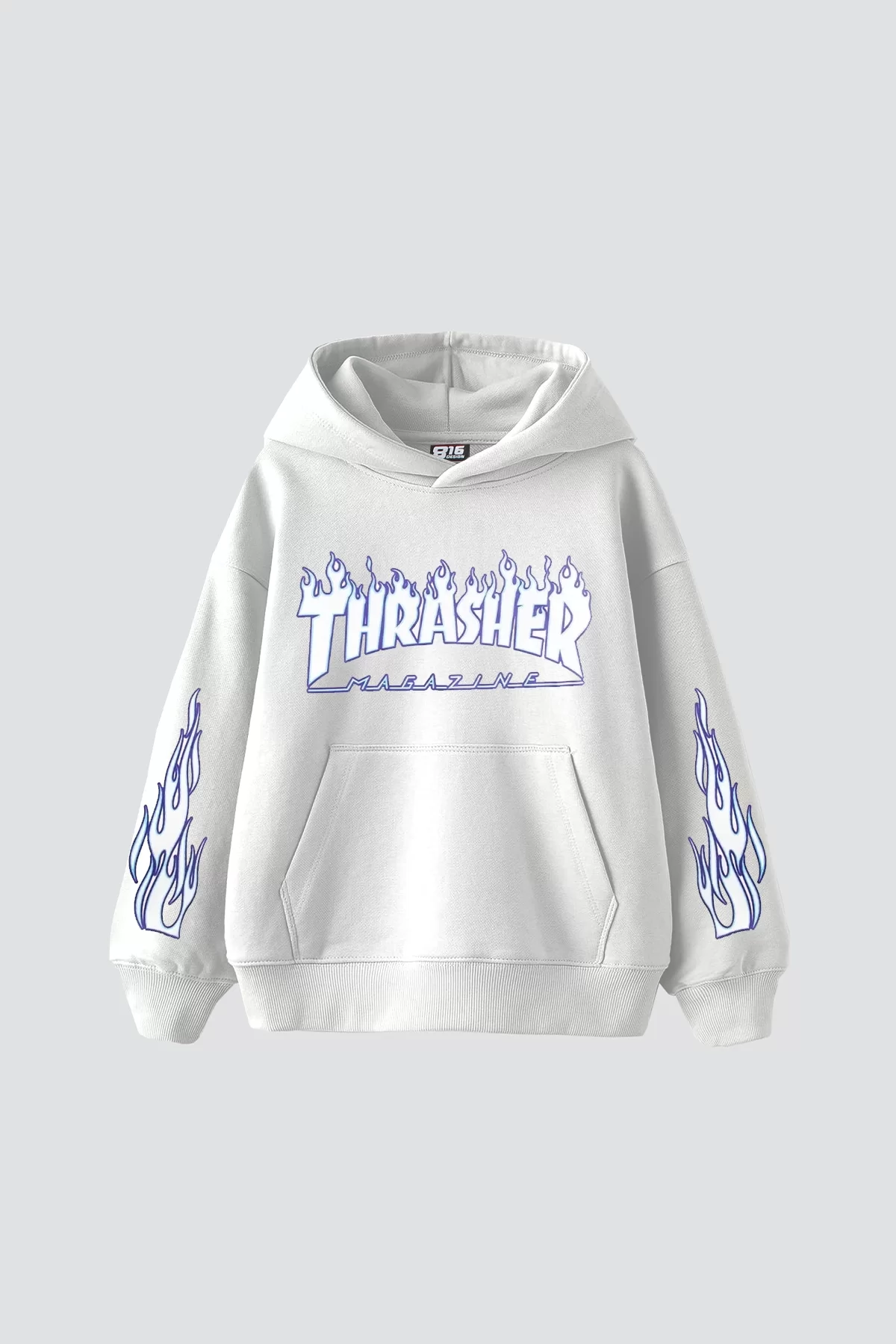 Thrasher Flam Baskılı Oversize Unisex Beyaz Hoodie