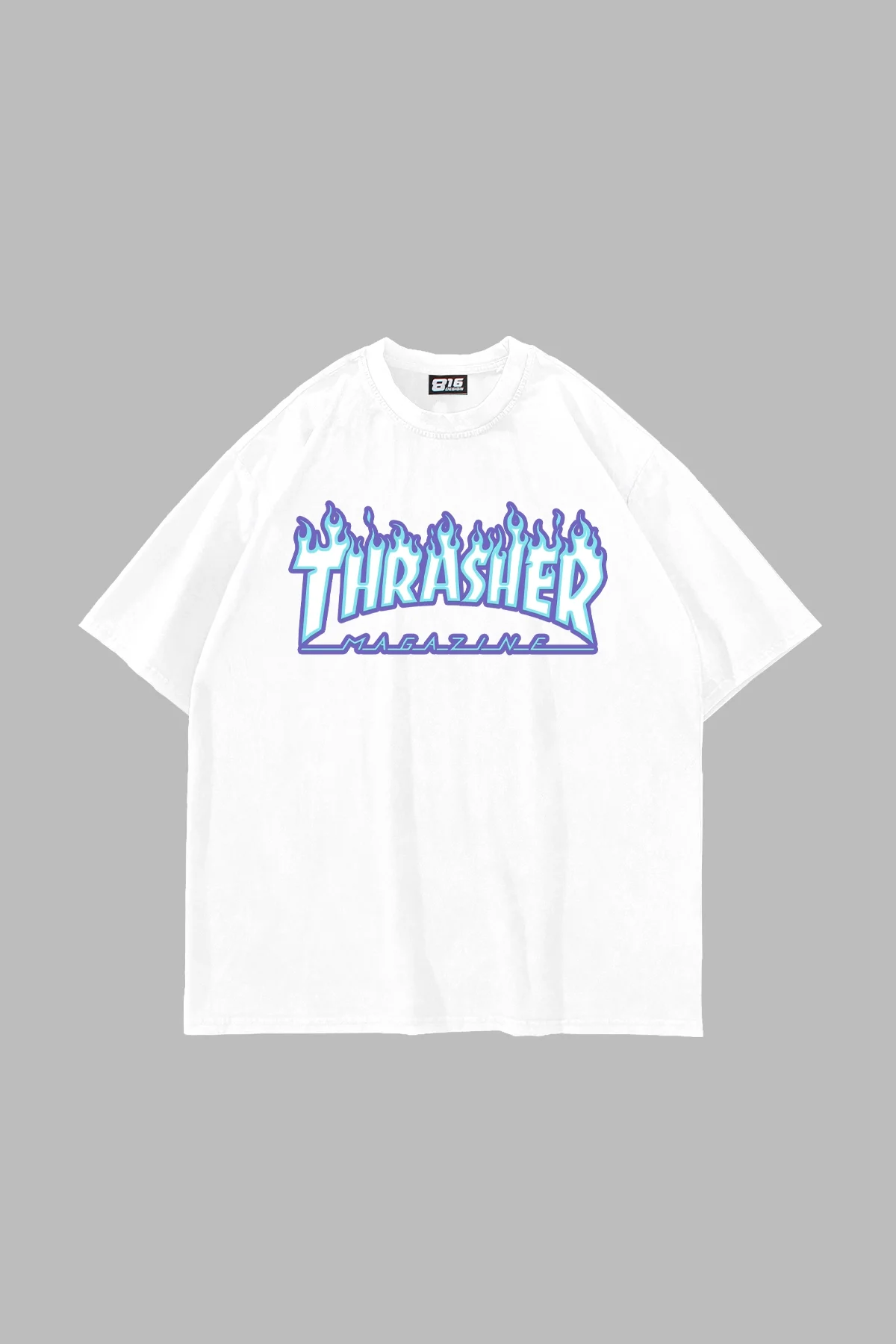 Thrasher Flam Baskılı Oversize Unisex Beyaz Tshirt