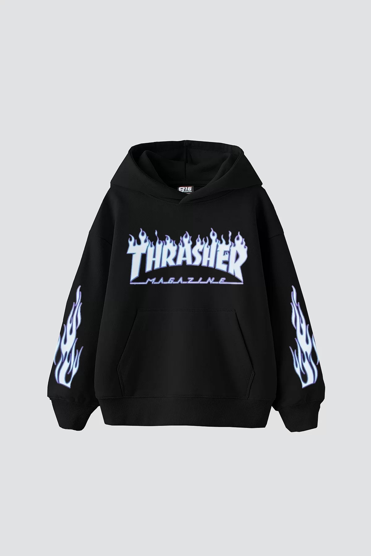 Thrasher Flam Baskılı Oversize Unisex Siyah Hoodie