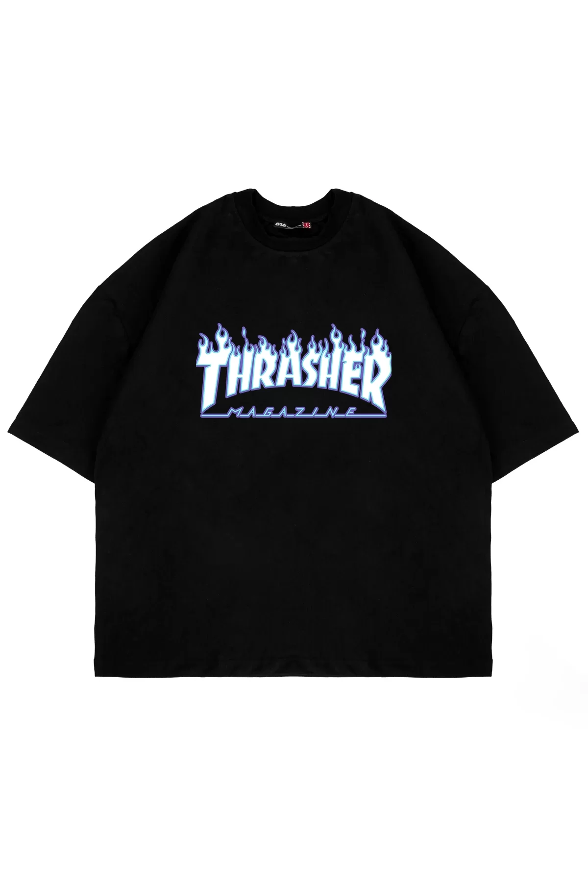 Thrasher Flam Baskılı Oversize Unisex Siyah Tshirt