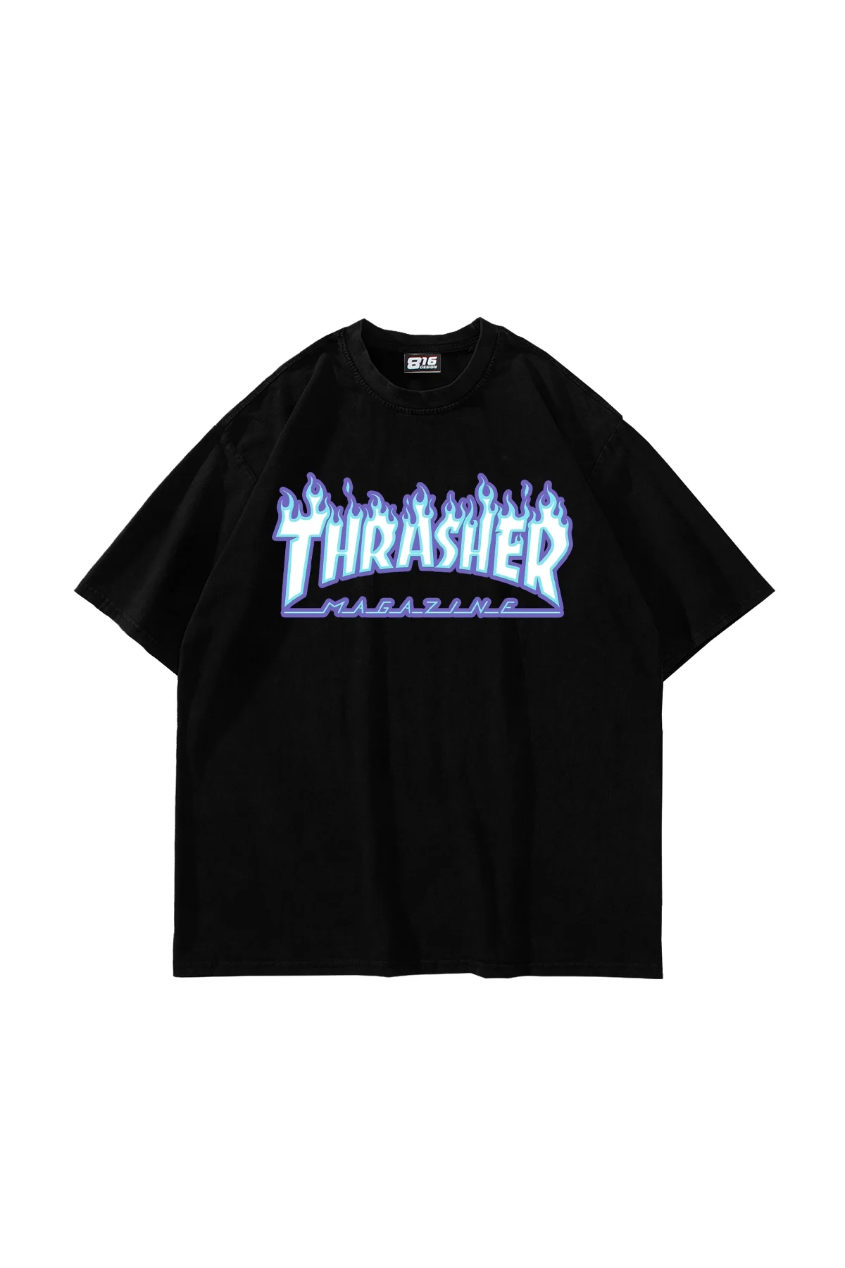 Thrasher Flam Baskılı Oversize Unisex Siyah Tshirt