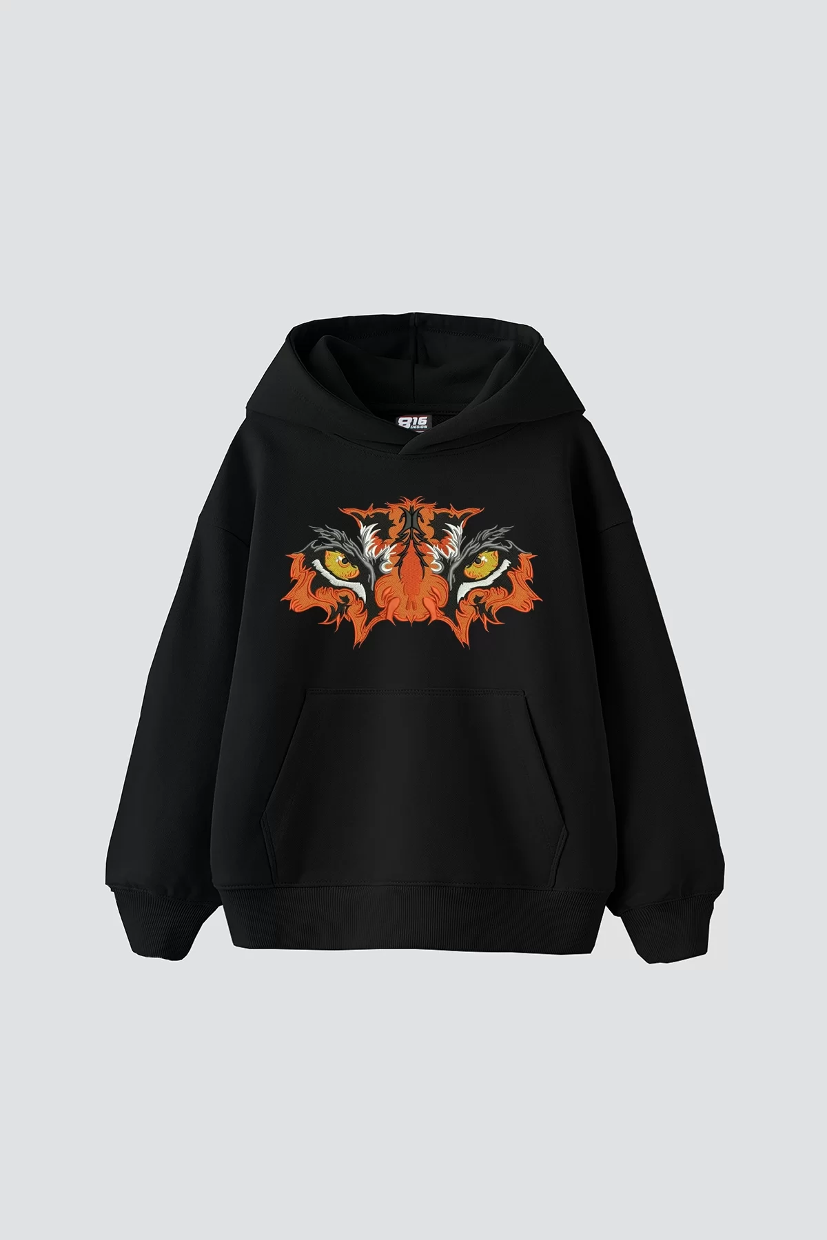 Tiger Eyes Baskılı Oversize Unisex Premium Siyah Hoodie