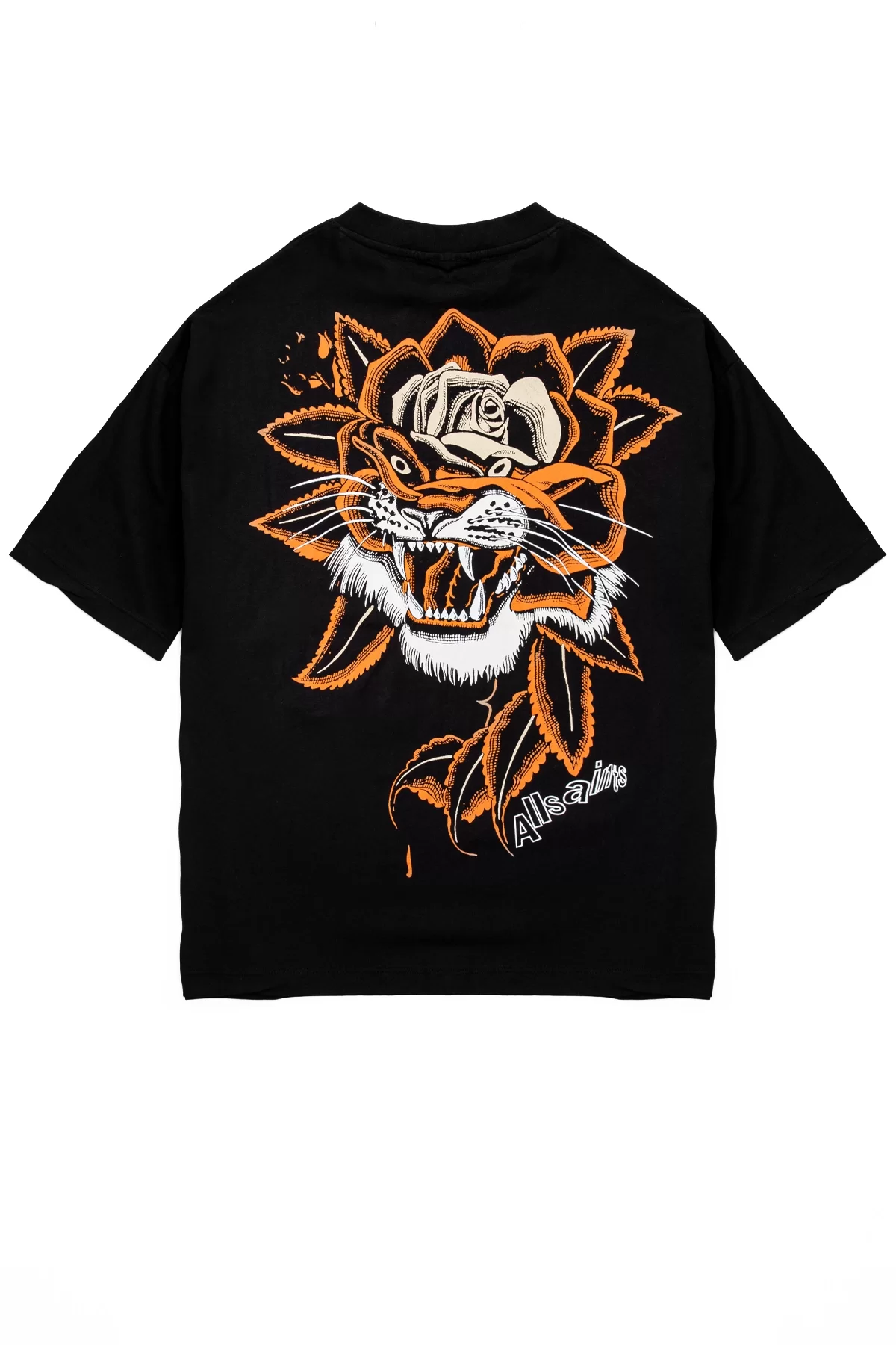 Tiger Rose Sırt Baskılı Oversize Unisex Siyah Tshirt