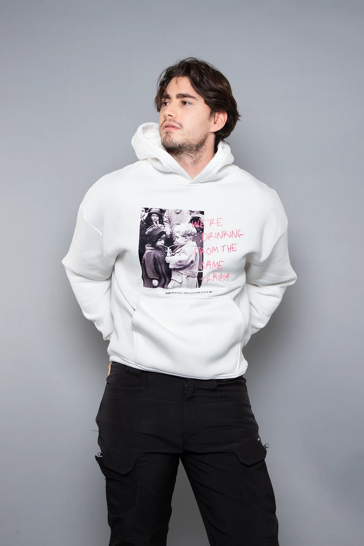 Trauma Baskılı Oversize Unisex Beyaz Hoodie