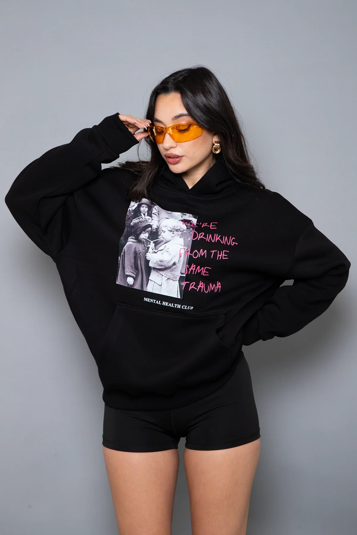 Trauma Baskılı Oversize Unisex Siyah Hoodie