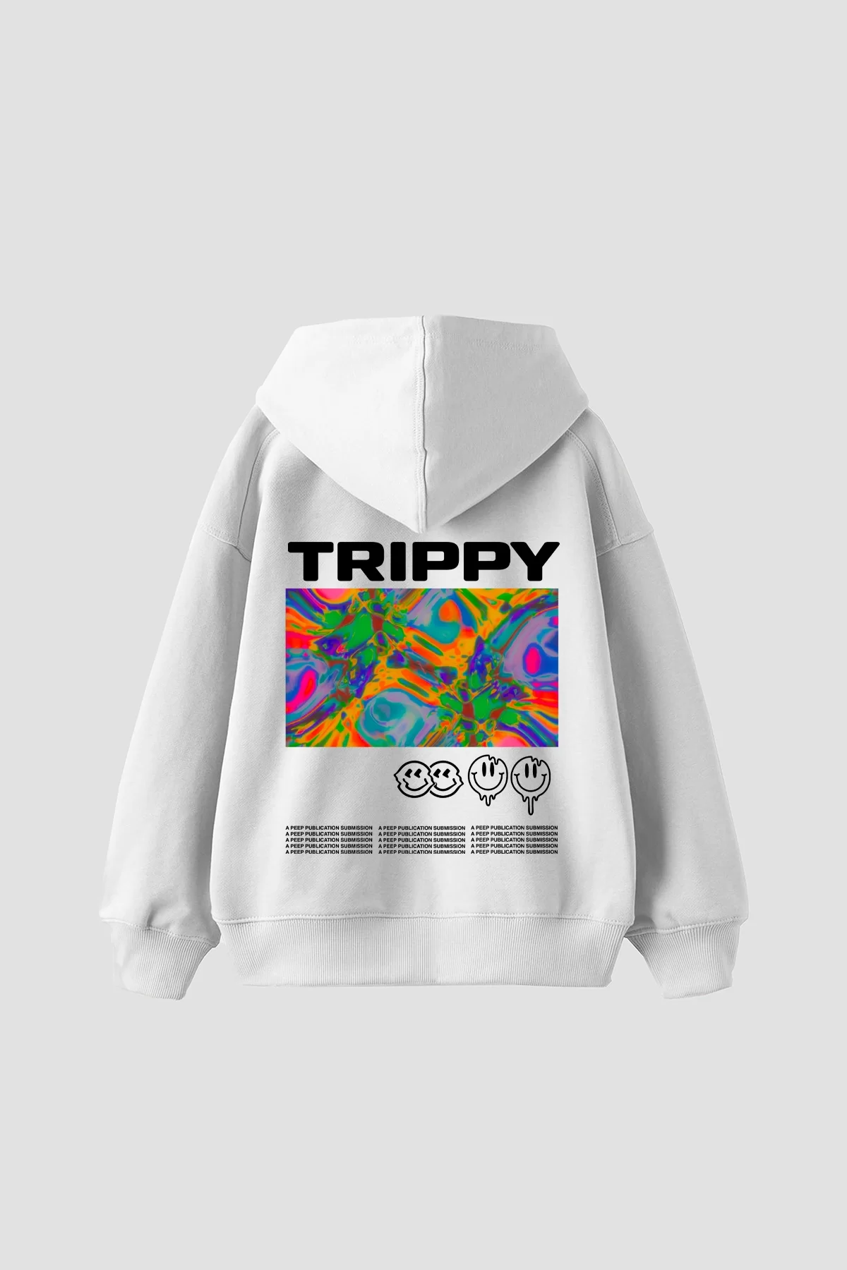 Trippy Baskılı Oversize Unisex Beyaz Hoodie