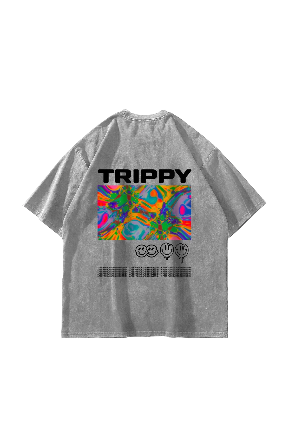 Trippy Baskılı Oversize Unisex Yıkamalı Beyaz Tshirt