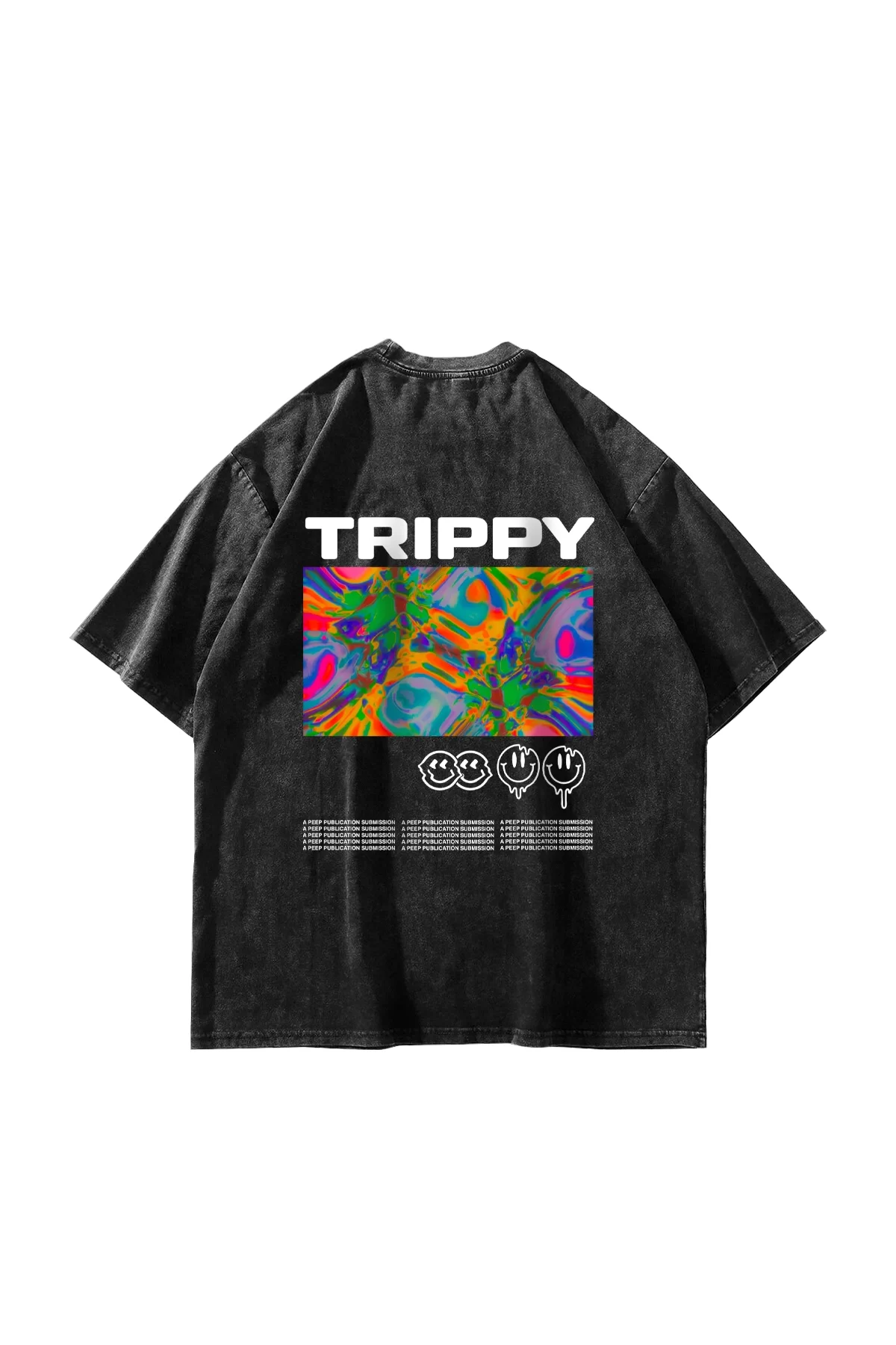 Trippy Baskılı Oversize Unisex Yıkamalı Siyah Tshirt