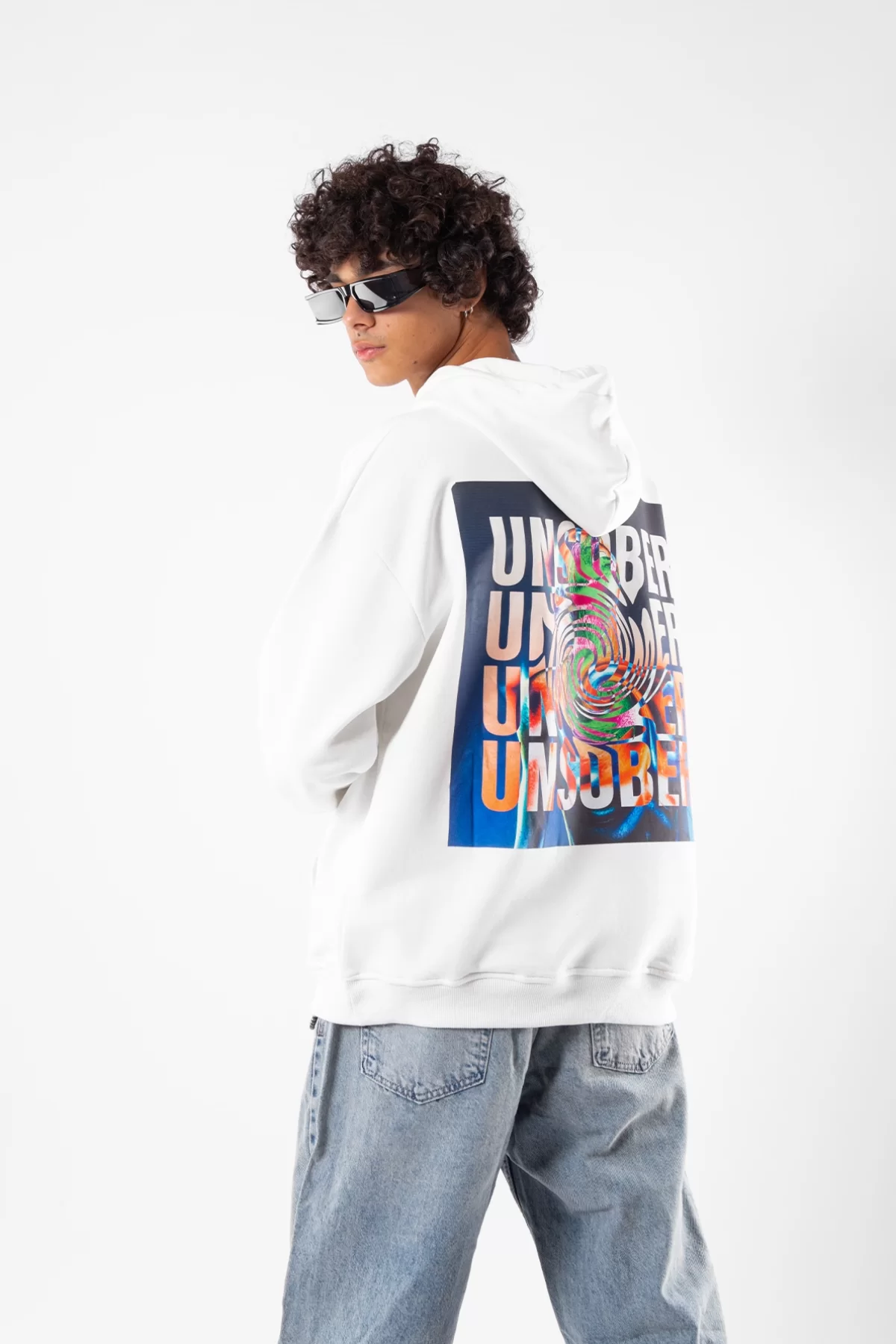 Unsober Baskılı Oversize Unisex Beyaz Hoodie