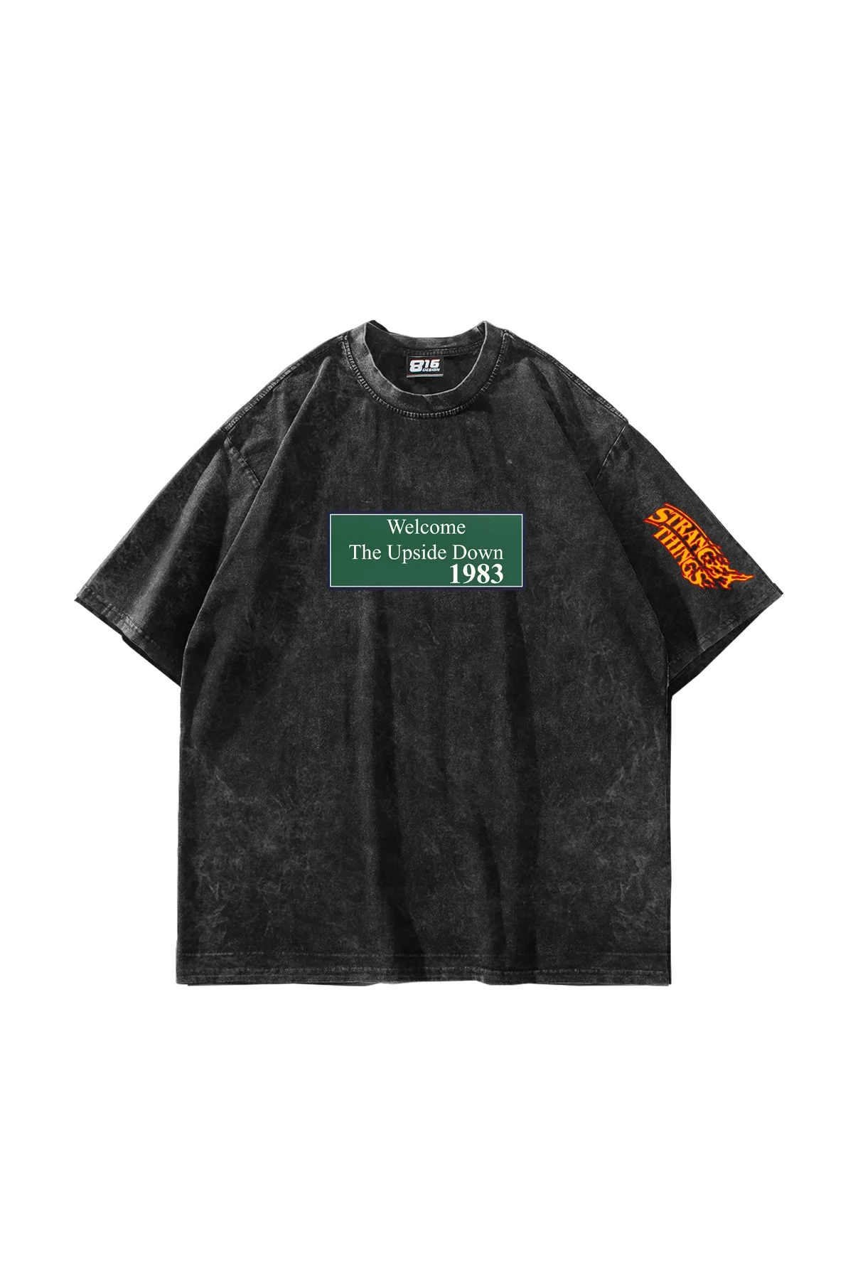 Upside Down Baskılı Oversize Unisex Yıkamalı Siyah Tshirt