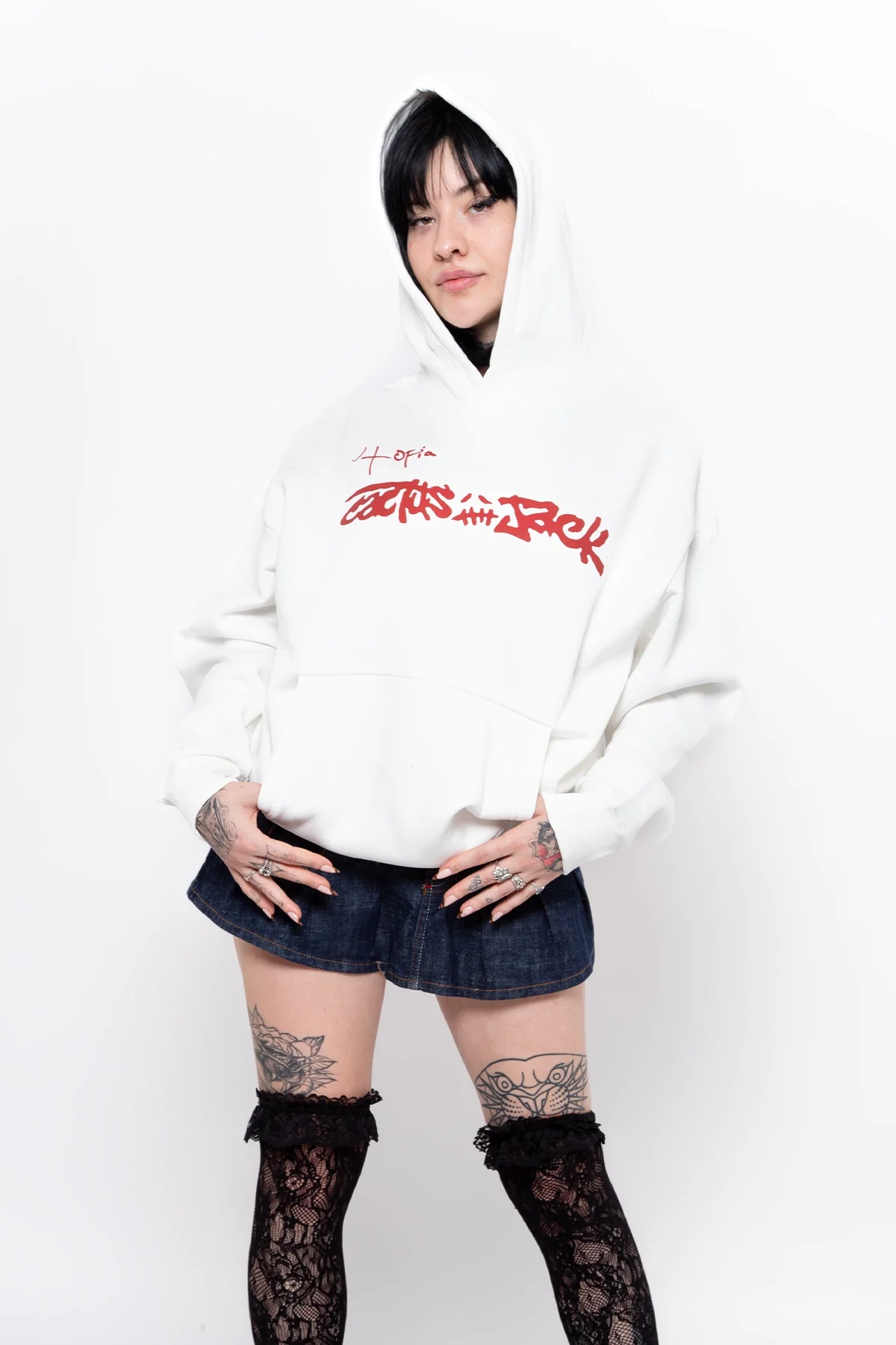 Utopia Cactus Jack Baskılı Oversize Unisex Beyaz Hoodie