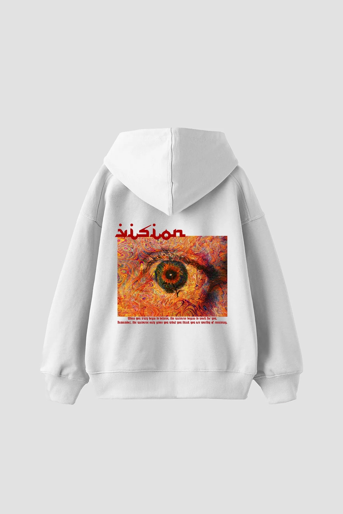 Vision Baskılı Oversize Unisex Premium Beyaz Hoodie