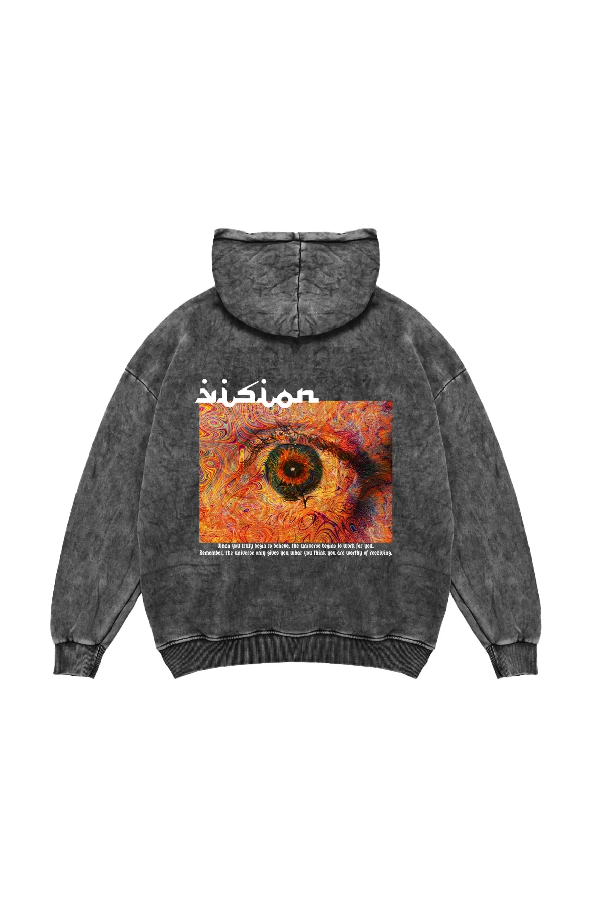 Vision Baskılı Oversize Unisex Premium Yıkamalı Siyah Hoodie