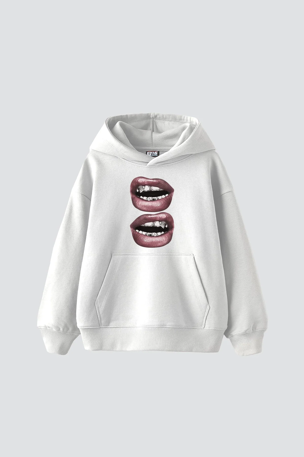 V2 Lip Teeths Baskılı Oversize Unisex Beyaz Hoodie