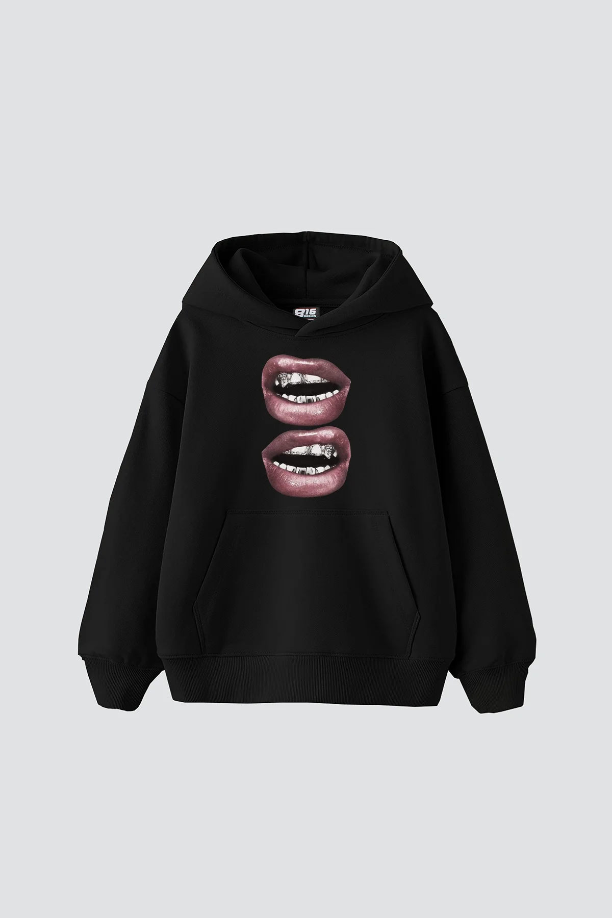 V2 Lip Teeths Baskılı Oversize Unisex Siyah Hoodie