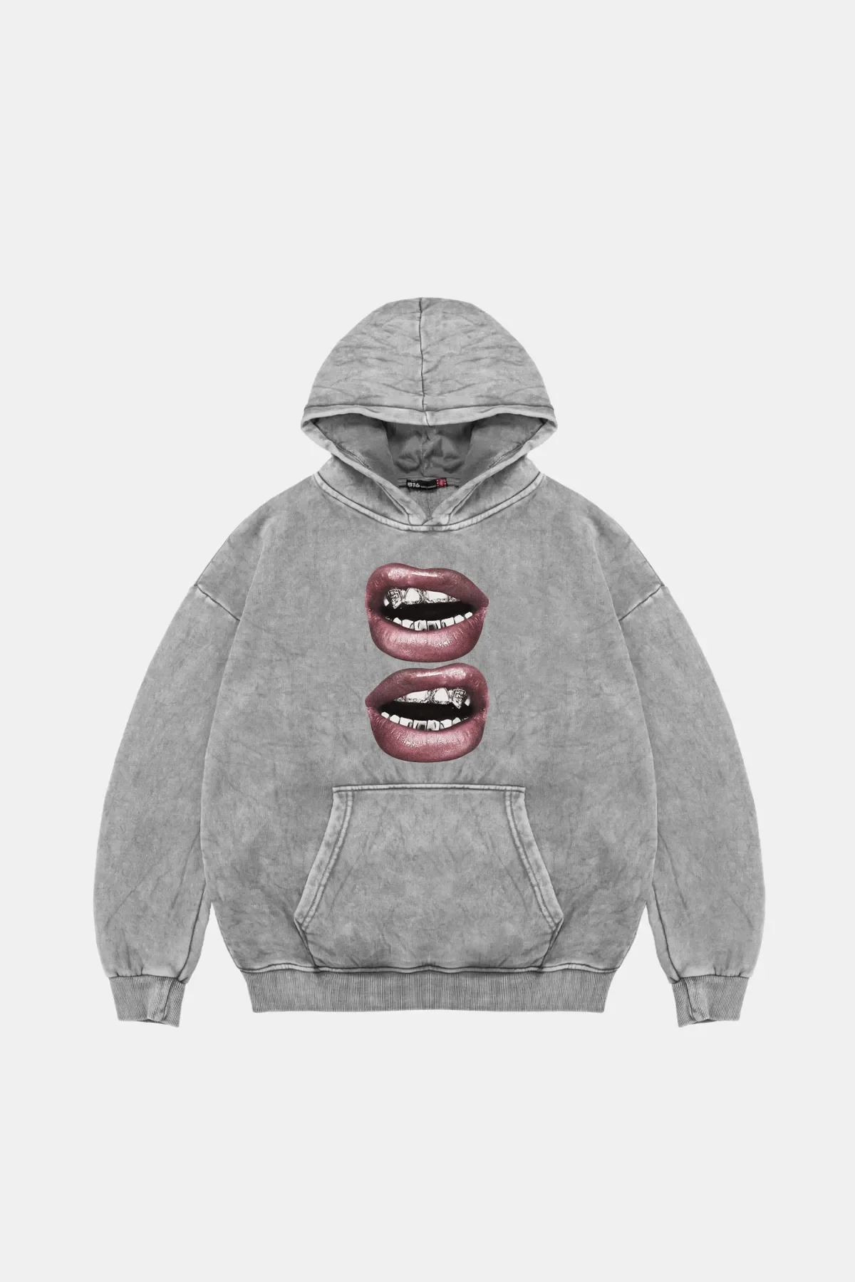 V2 Lip Teeths Baskılı Oversize Unisex Yıkamalı Beyaz Hoodie