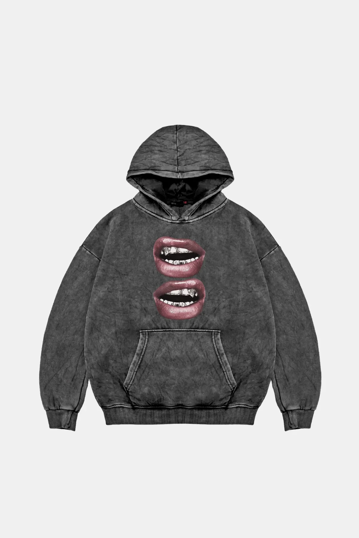V2 Lip Teeths Baskılı Oversize Unisex Yıkamalı Siyah Hoodie