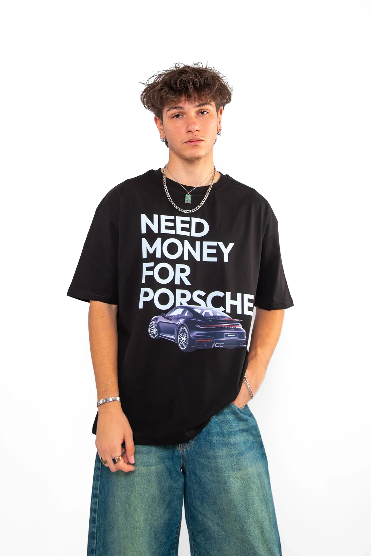 V2 Need Money For Porsche Baskılı Oversize Unisex Siyah Tshirt