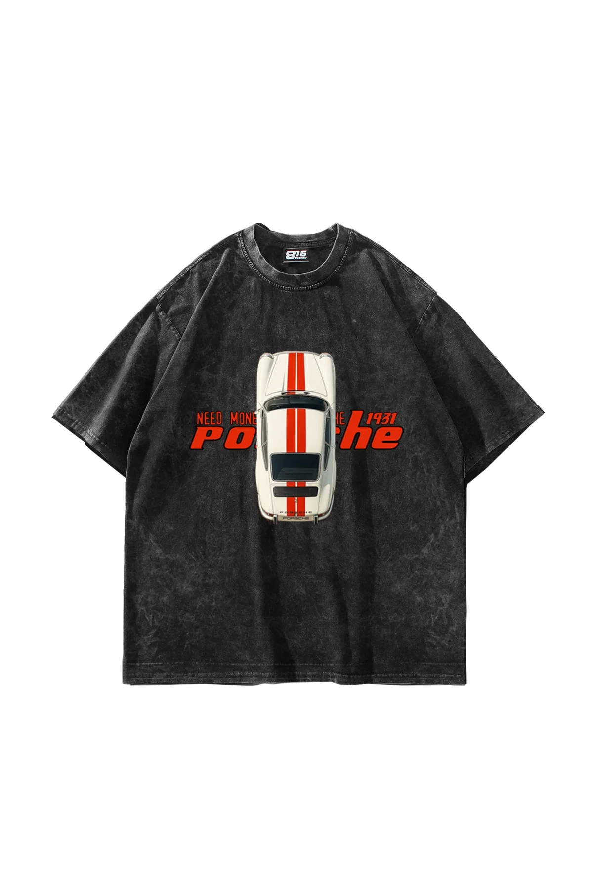 V3 Need Money For Porsche Baskılı Oversize Unisex Yıkamalı Siyah Tshirt