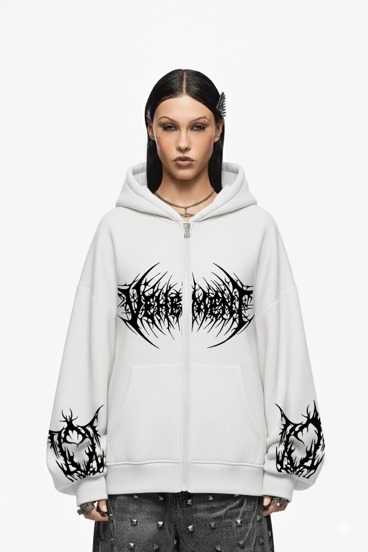 Vehement Baskılı Fermuarlı Zip Kapüşonlu Unisex Beyaz Sweatshirt
