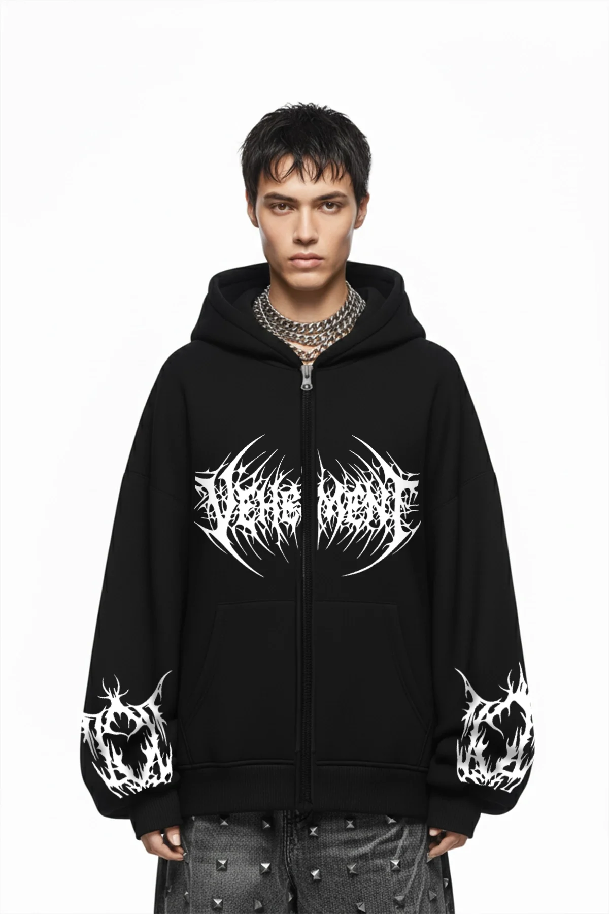 Vehement Baskılı Fermuarlı Zip Kapüşonlu Unisex Siyah Sweatshirt