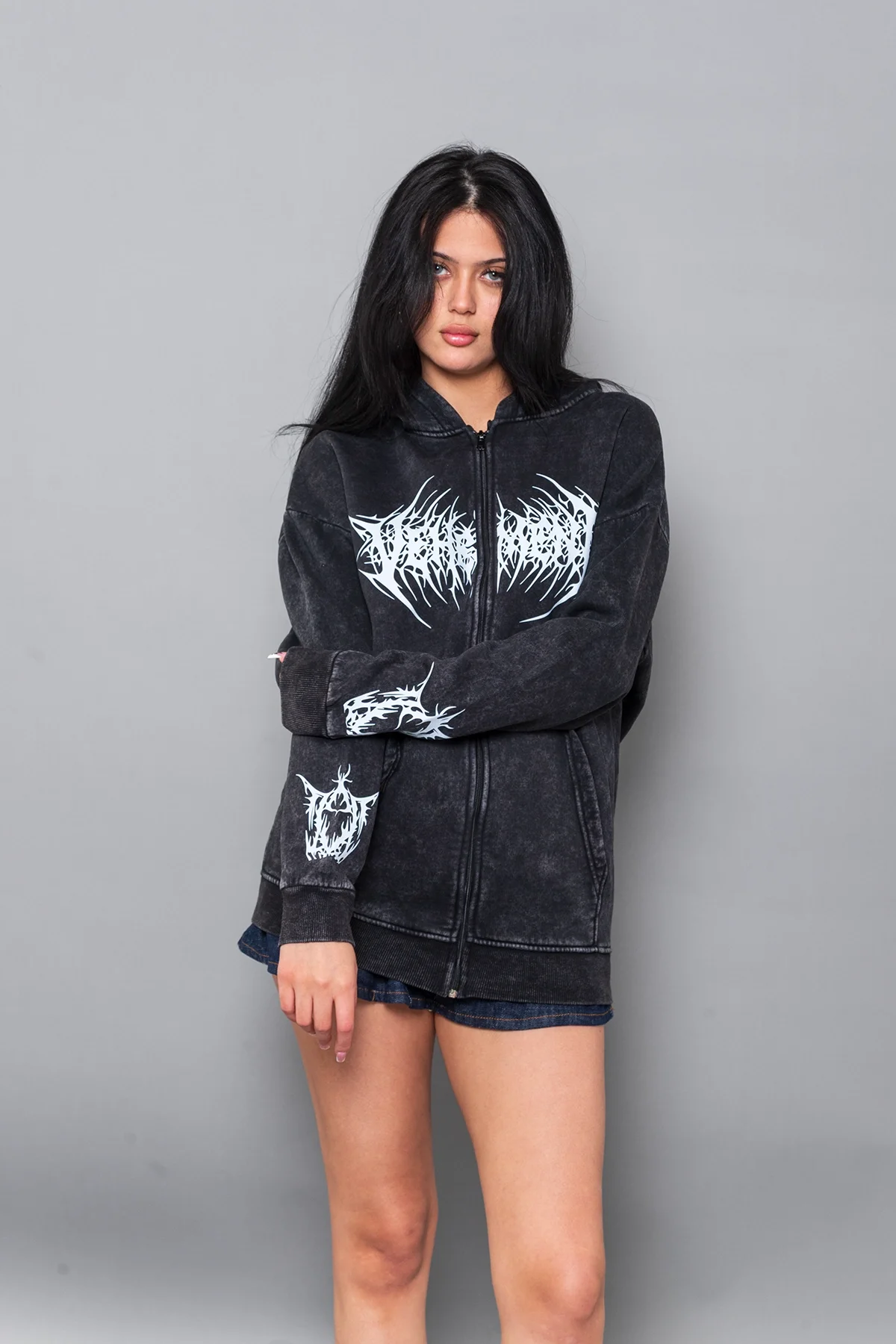 Vehement Baskılı Fermuarlı Zip Kapüşonlu Unisex Yıkamalı Siyah Sweatshirt