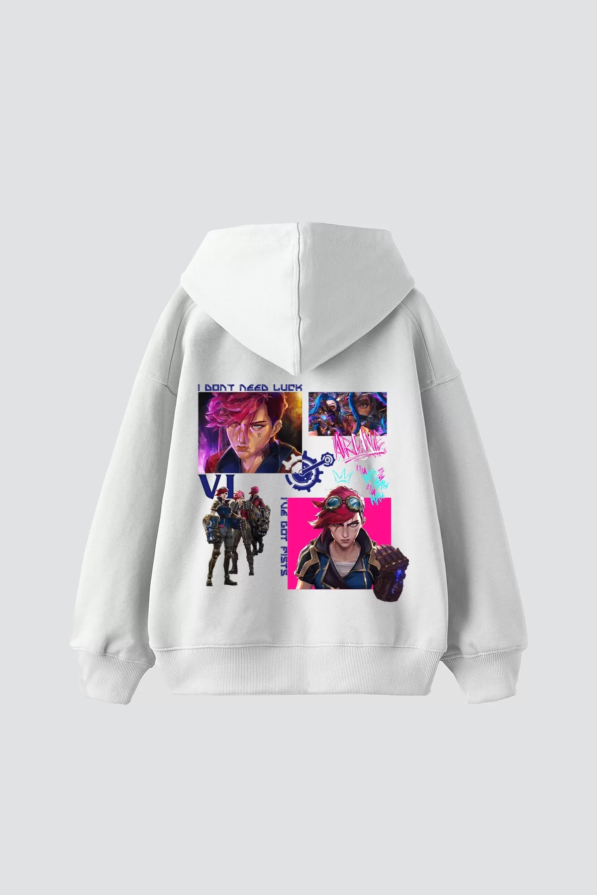 VI Arcane Baskılı Oversize Unisex Beyaz Hoodie