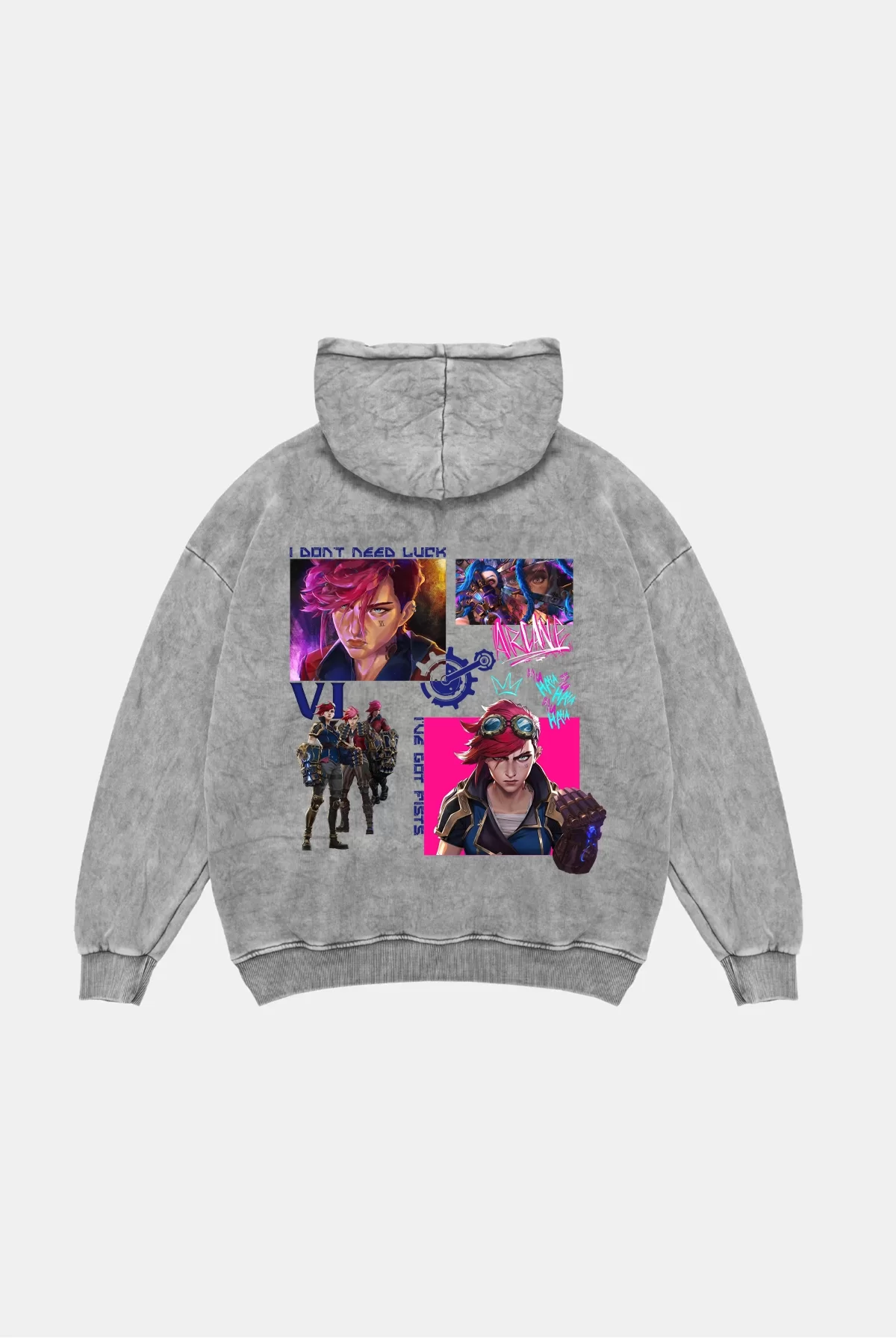 VI Arcane Baskılı Oversize Unisex Yıkamalı Beyaz Hoodie