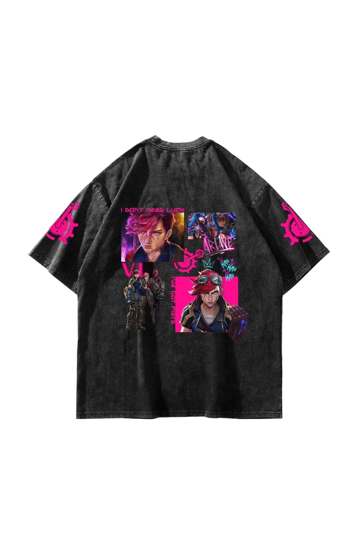 VI Arcane Baskılı Oversize Unisex Yıkamalı Siyah Tshirt