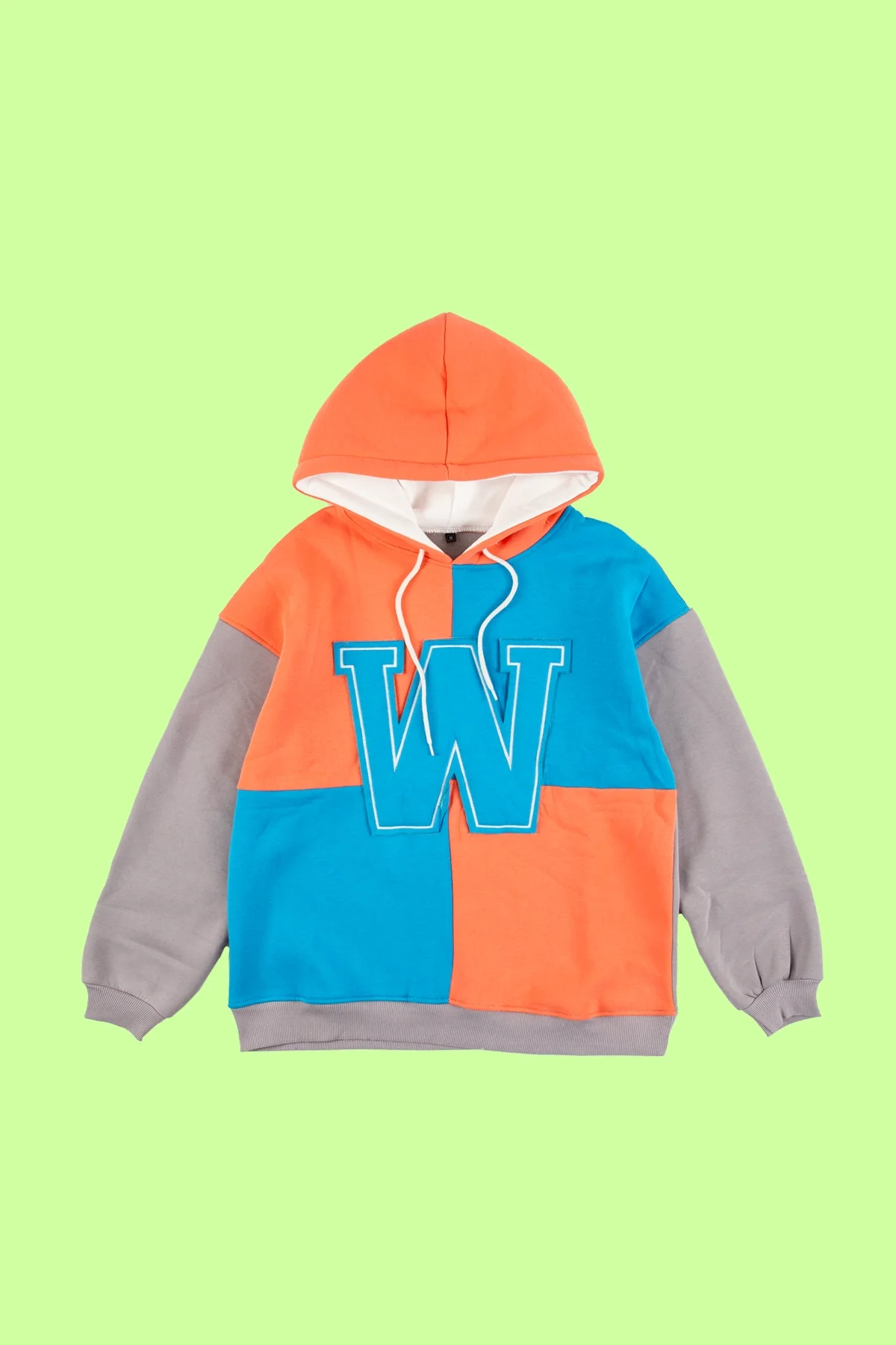 W Patch Detaylı Parçalı Oversize Unisex Mavi Hoodie