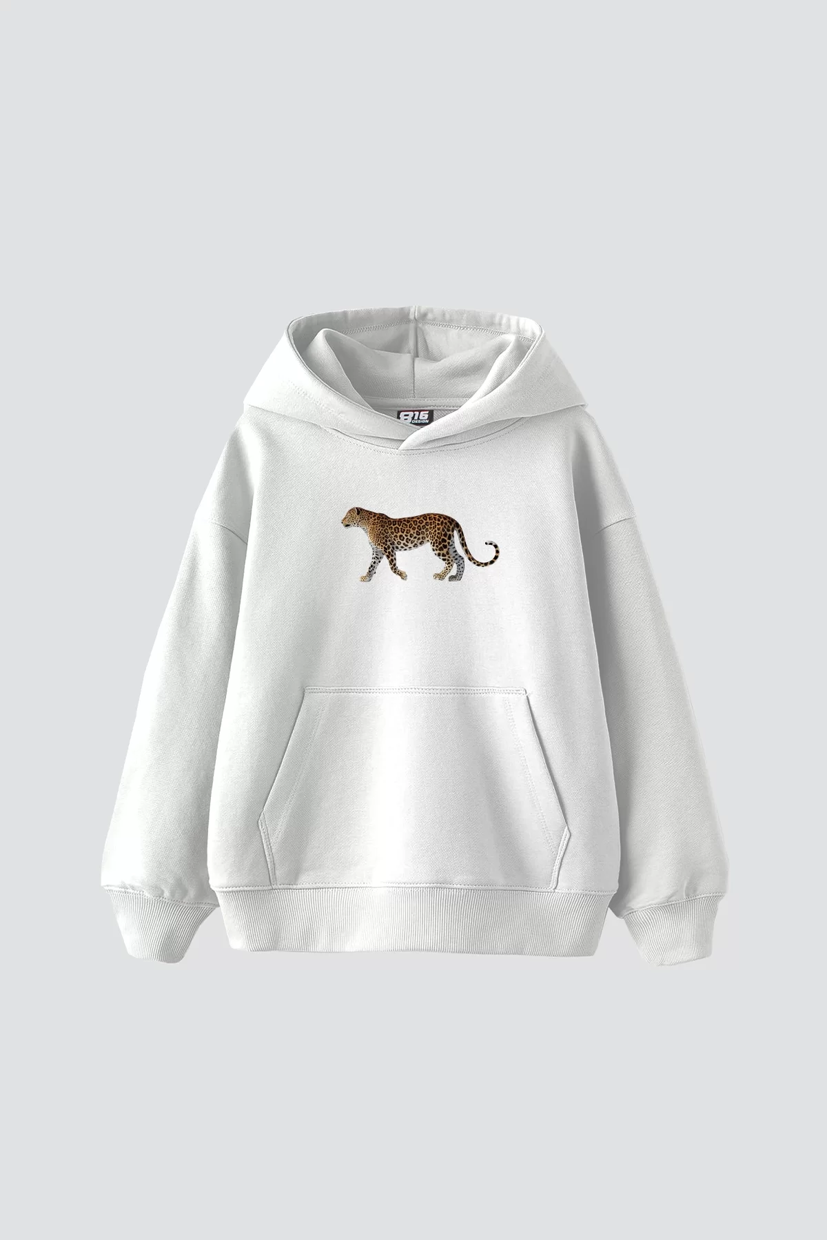 Walking Leopard Baskılı Oversize Unisex Premium Beyaz Hoodie