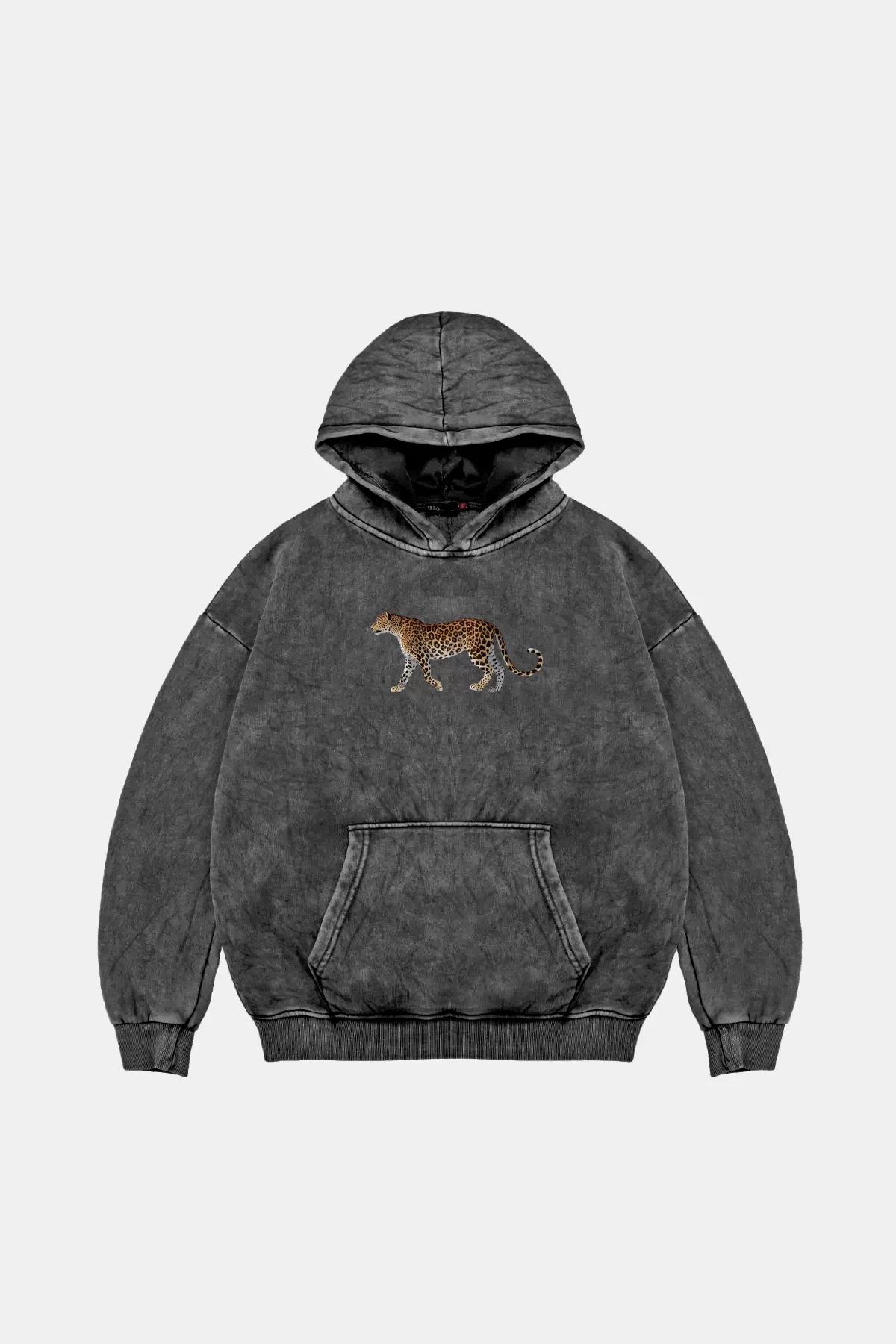 Walking Leopard Baskılı Oversize Unisex Premium Yıkamalı Siyah Hoodie