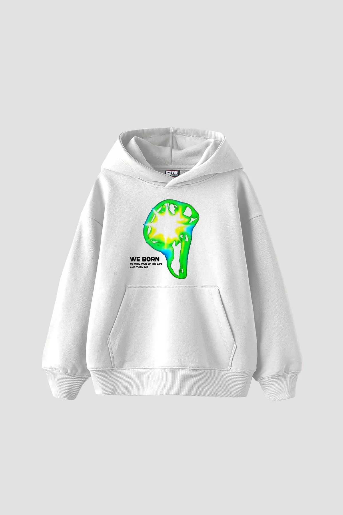 WE BORN Baskılı Oversize Unisex Beyaz Hoodie