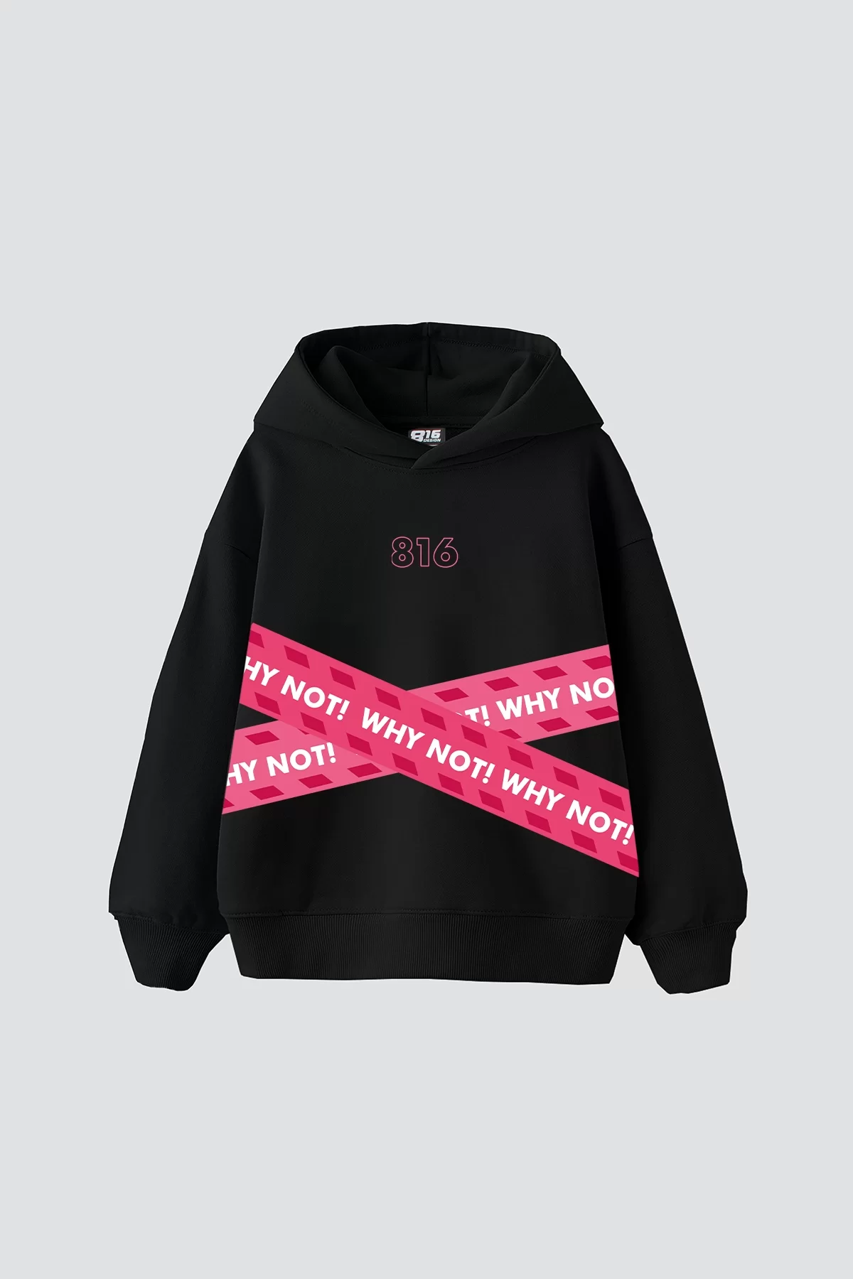 Why Not v2 Pink Baskılı Oversize Unisex Premium Siyah Hoodie