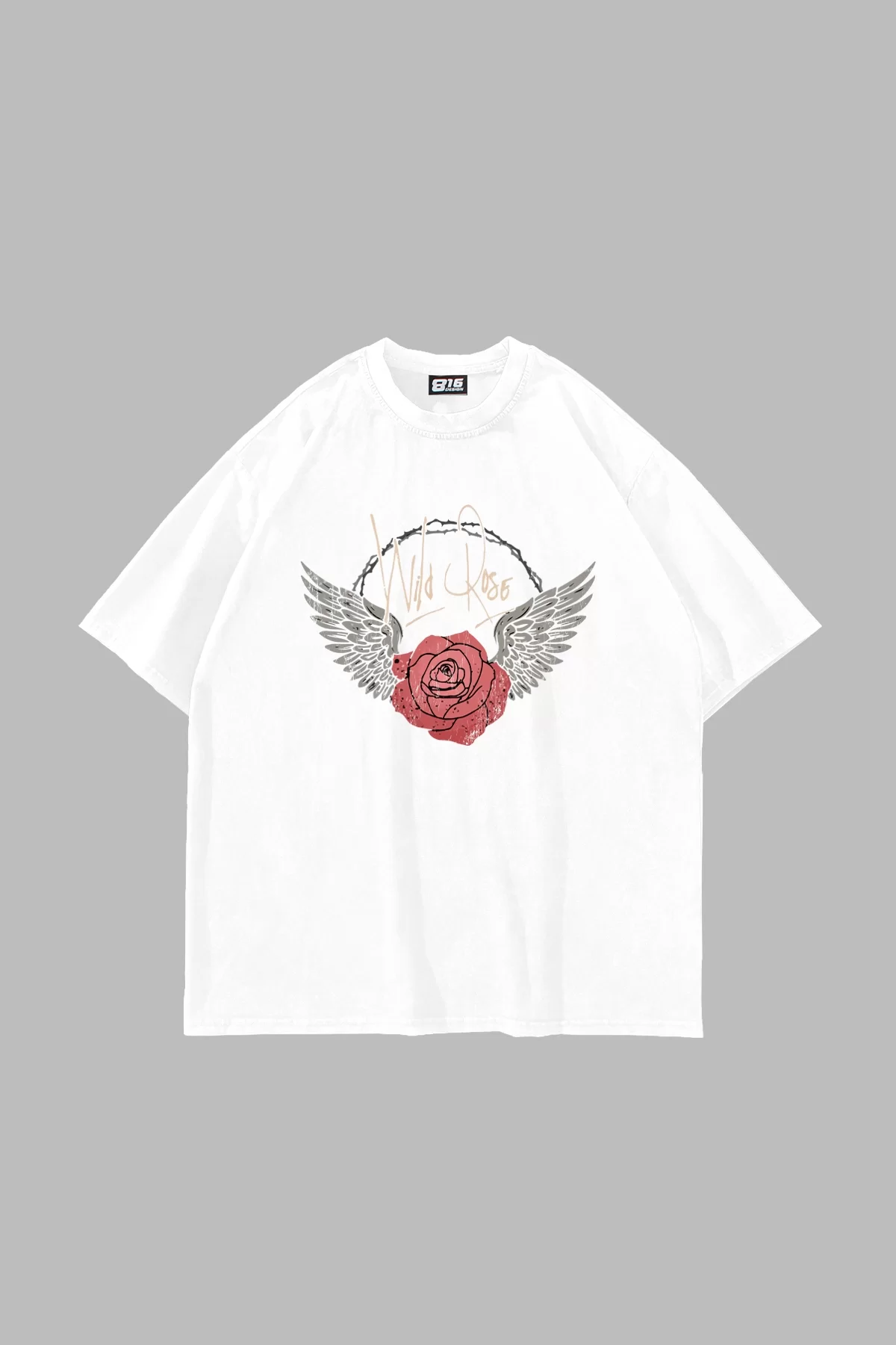 Wildrose Baskılı Oversize Unisex Beyaz Tshirt