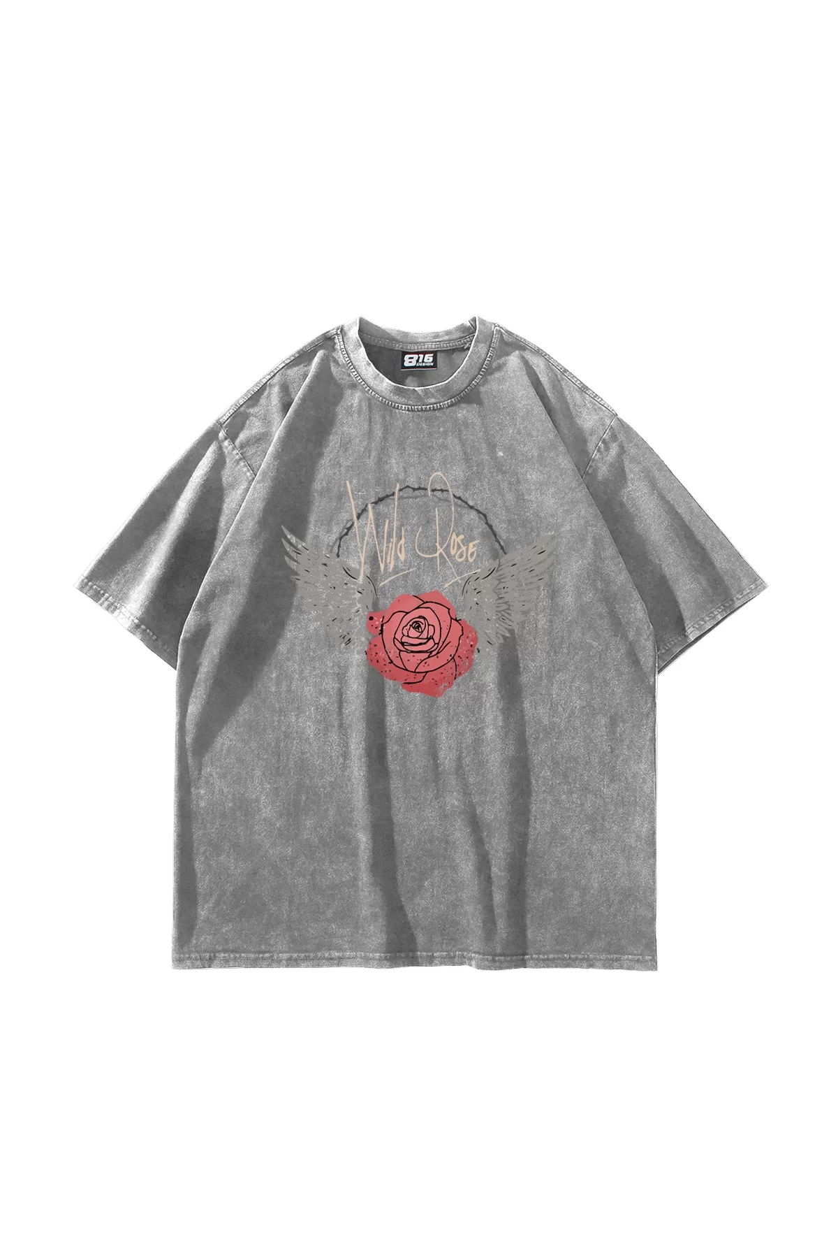 Wildrose Baskılı Oversize Unisex Yıkamalı Beyaz Tshirt