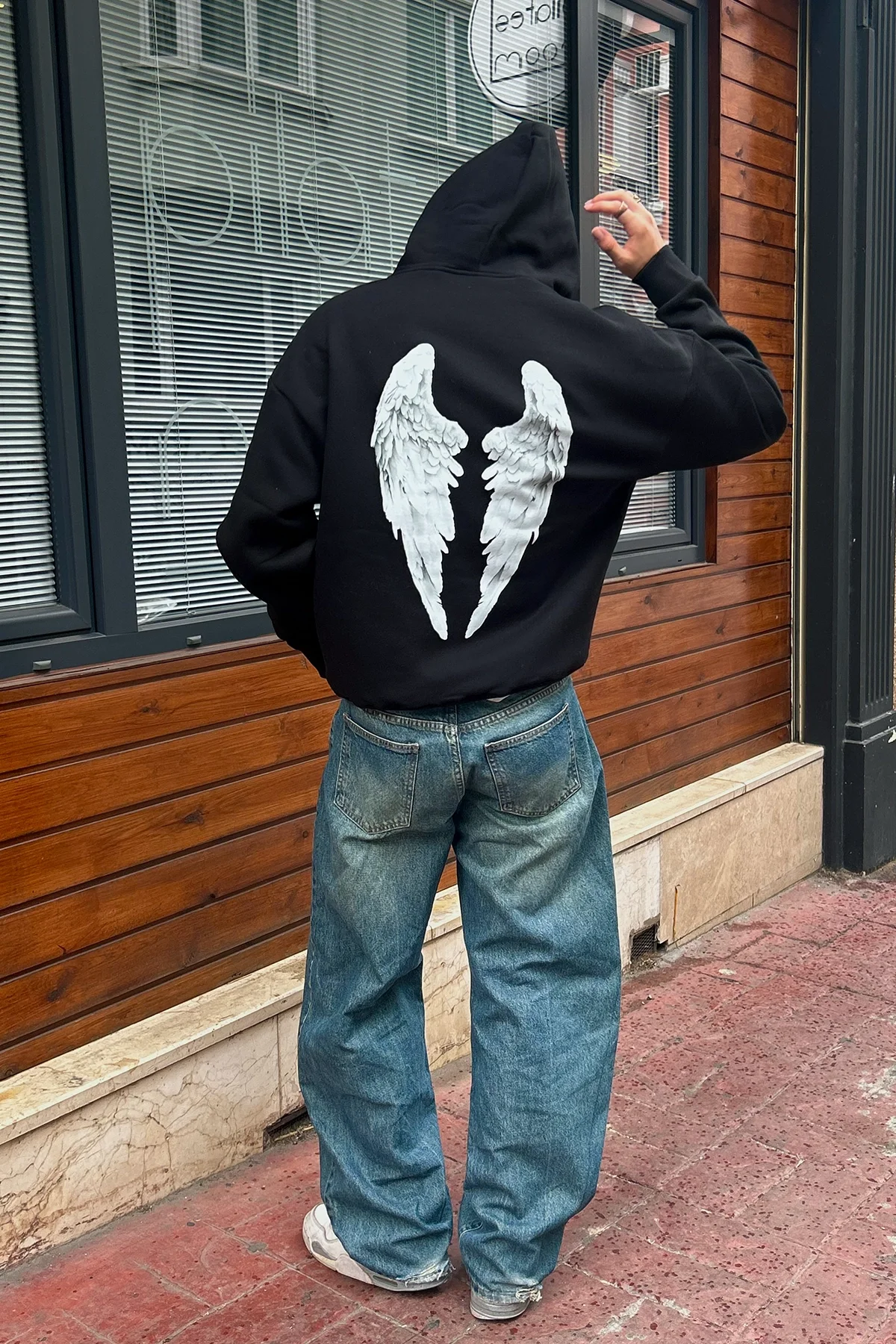 Wing Baskılı Oversize Unisex Siyah Hoodie