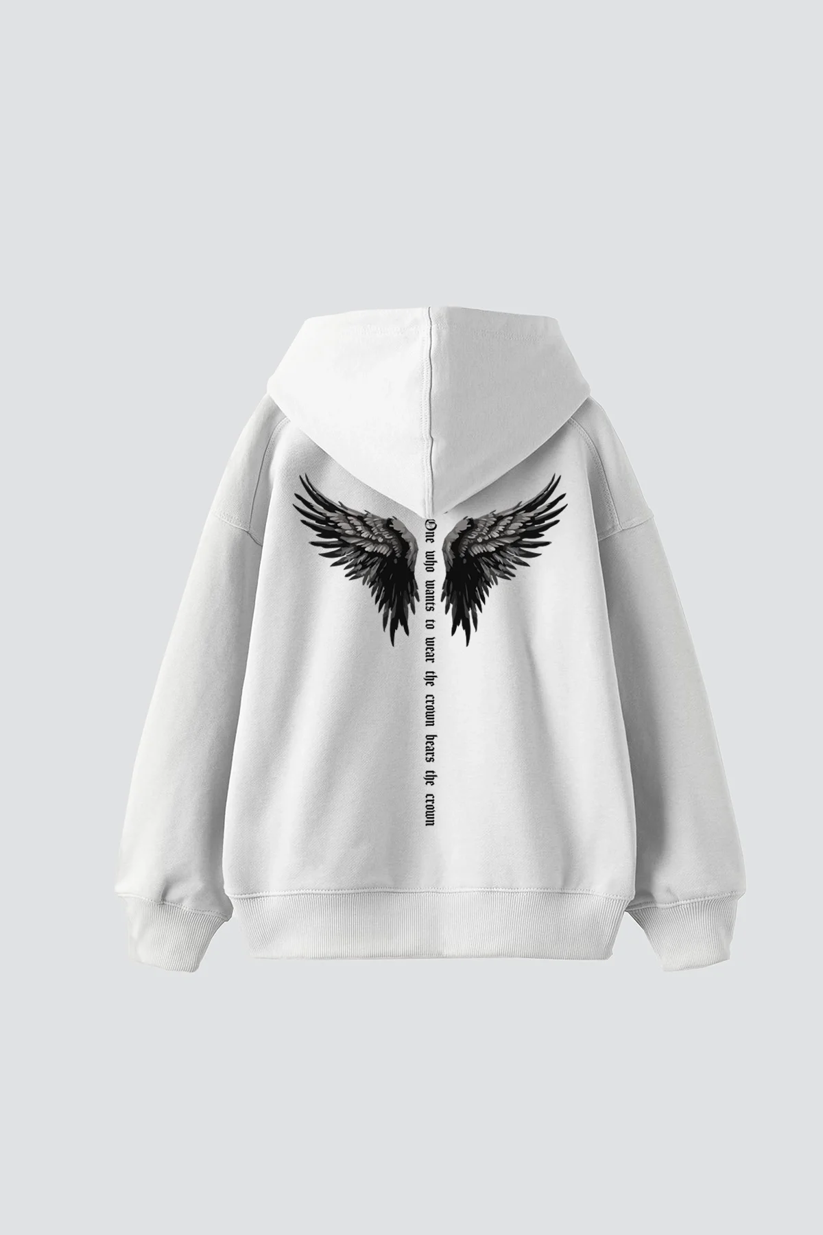 Winged Crown Baskılı Oversize Unisex Beyaz Hoodie