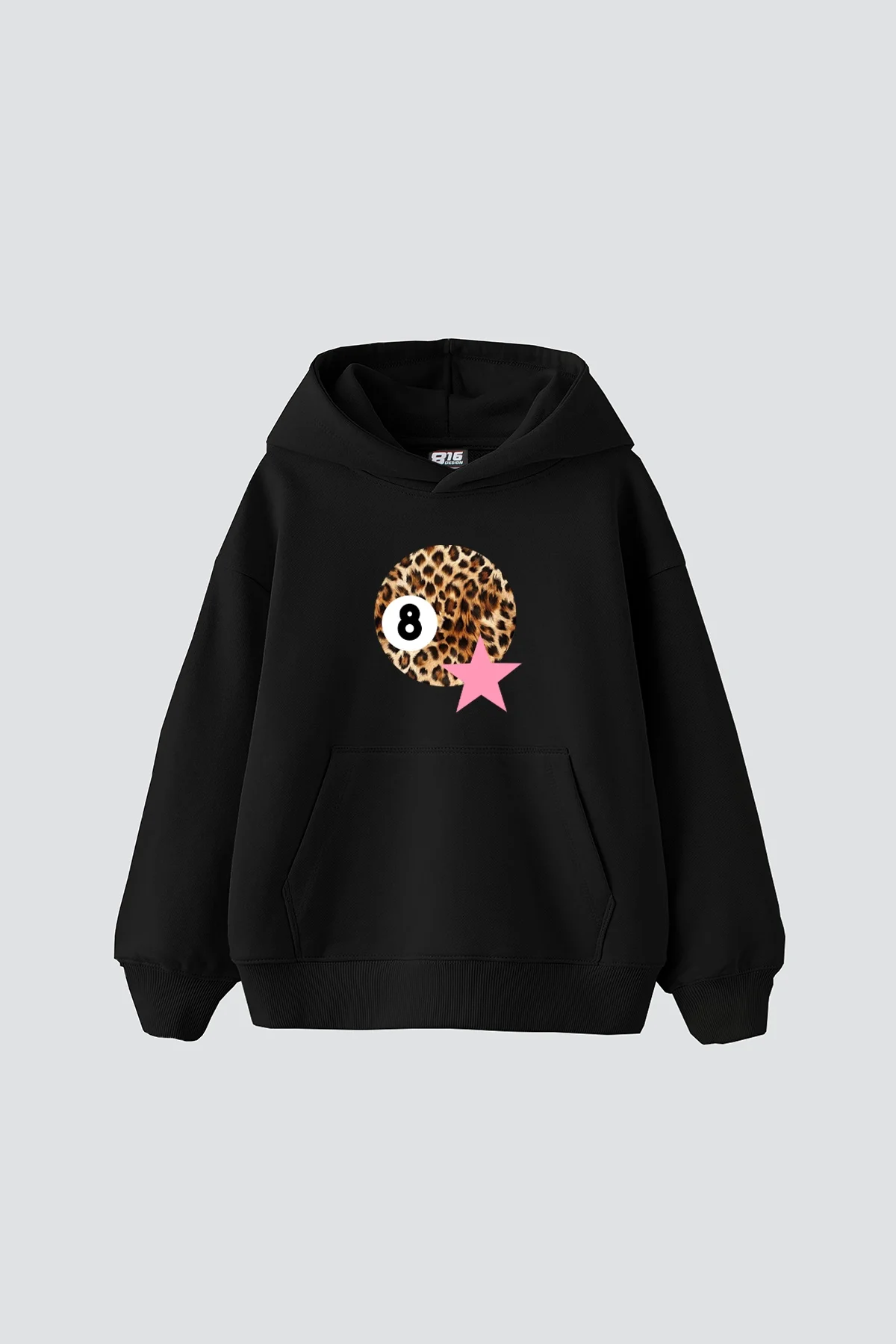 Leopard Billiard Ball Baskılı Oversize Unisex Siyah Hoodie