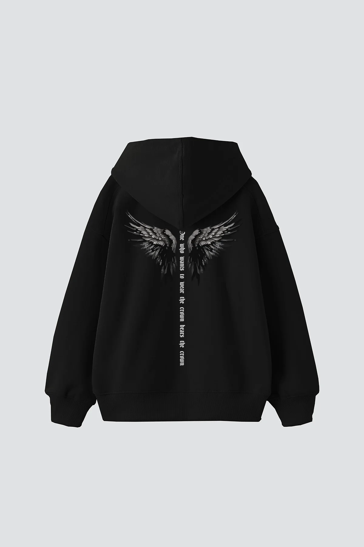 Winged Crown Baskılı Oversize Unisex Siyah Hoodie