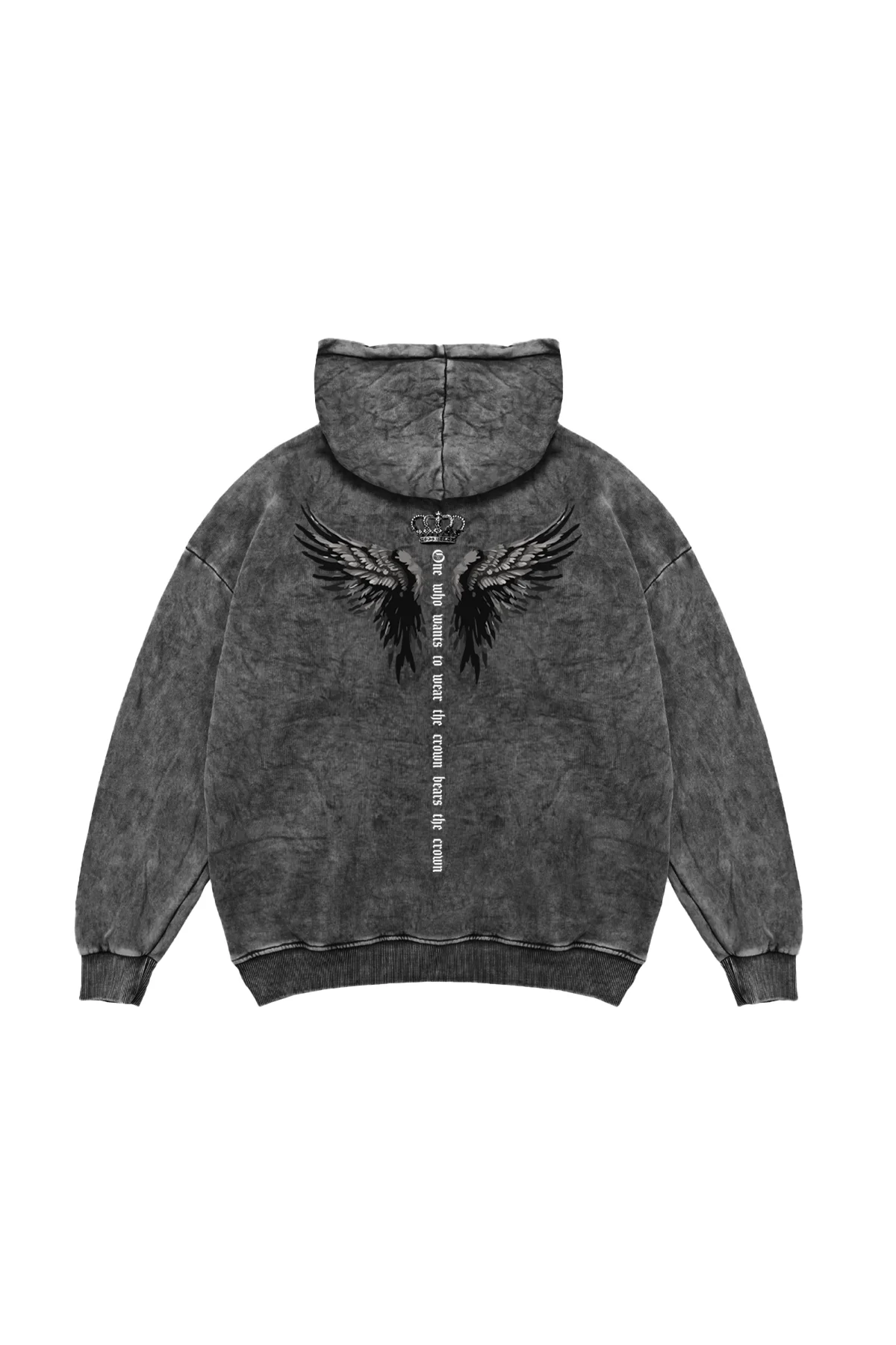 Winged Crown Oversize Unisex Yıkamalı Siyah Hoodie